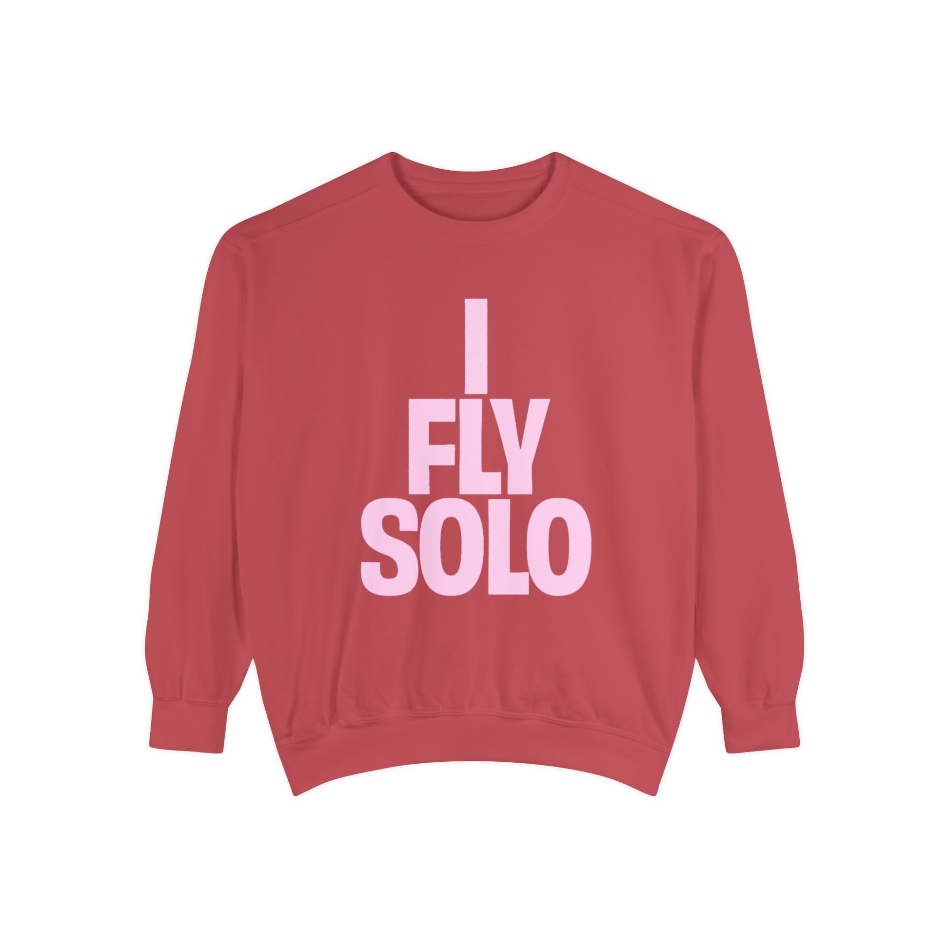 Red sweatshirt with 'I Fly Solo' text on a white background