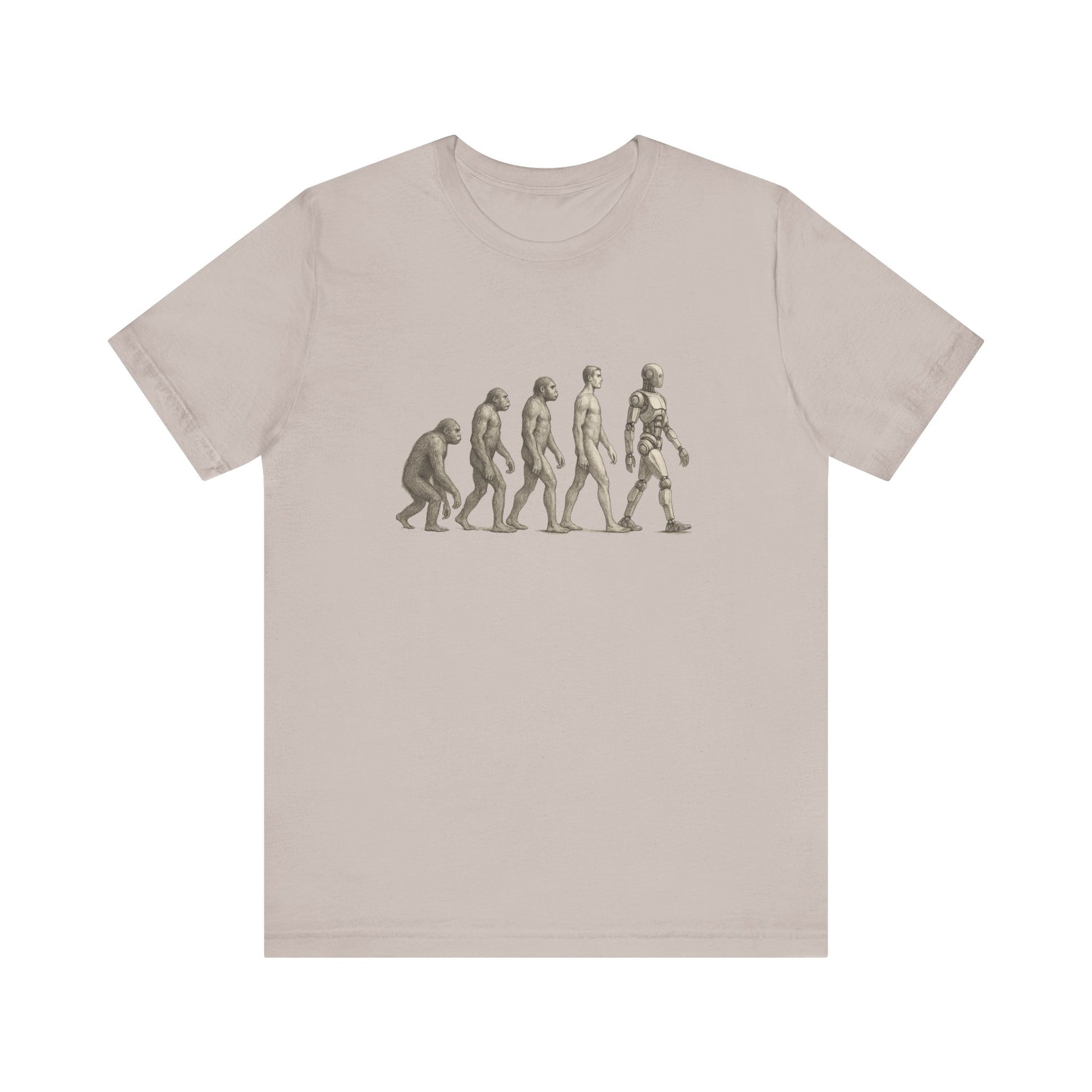 Gray t-shirt with human evolution graphic from ape to robot