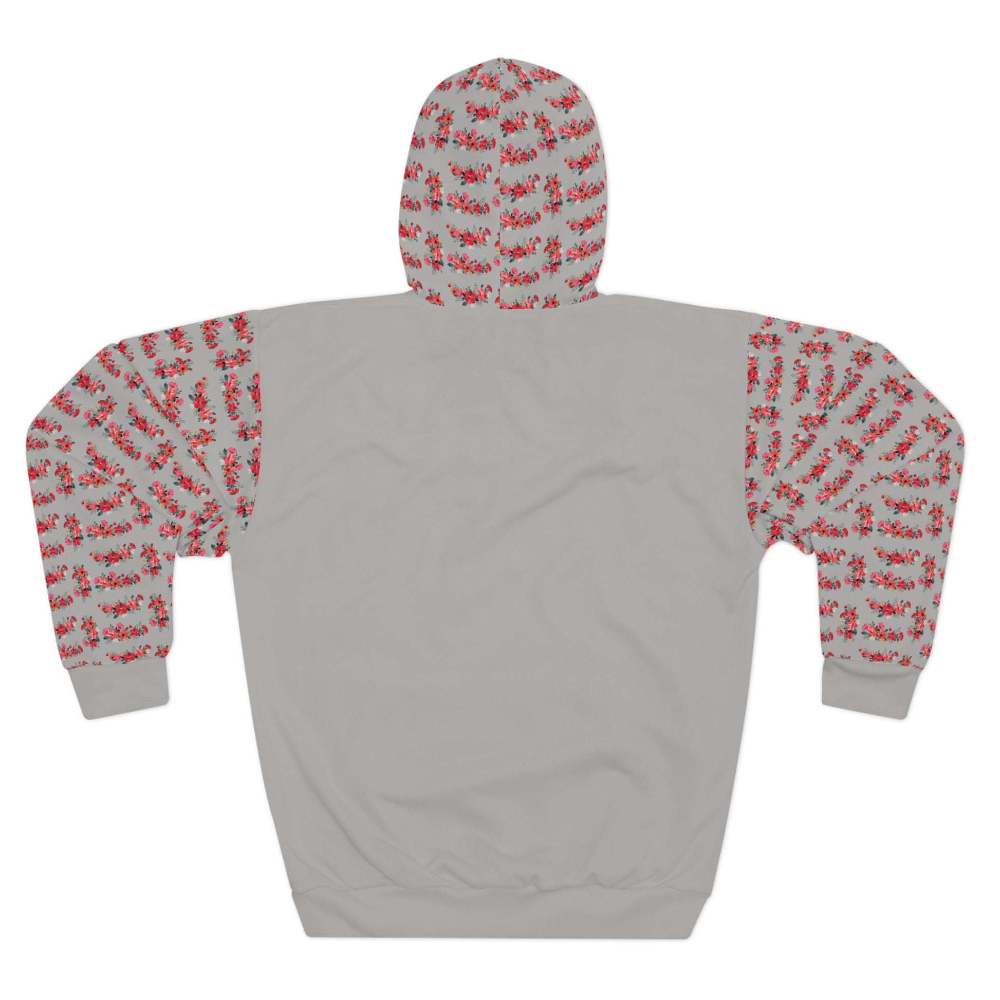 Back of a gray unisex hoodie  featuring red floral patterned sleeves against a white background.