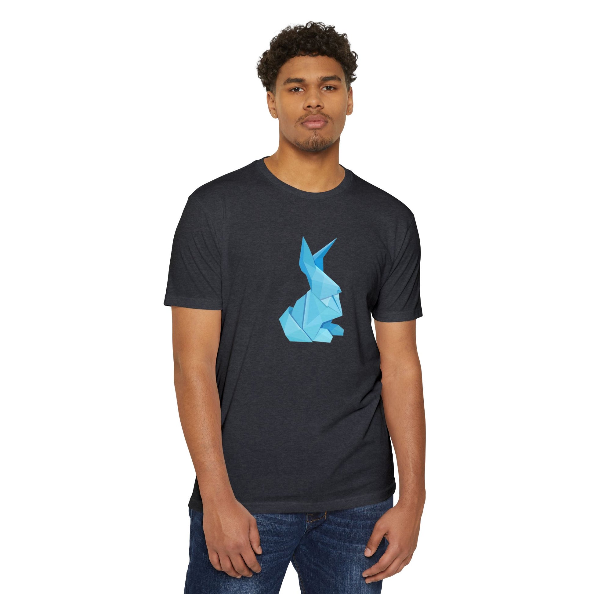 Man wearing black Origami Bunny T-Shirt with blue origami bunny graphic.