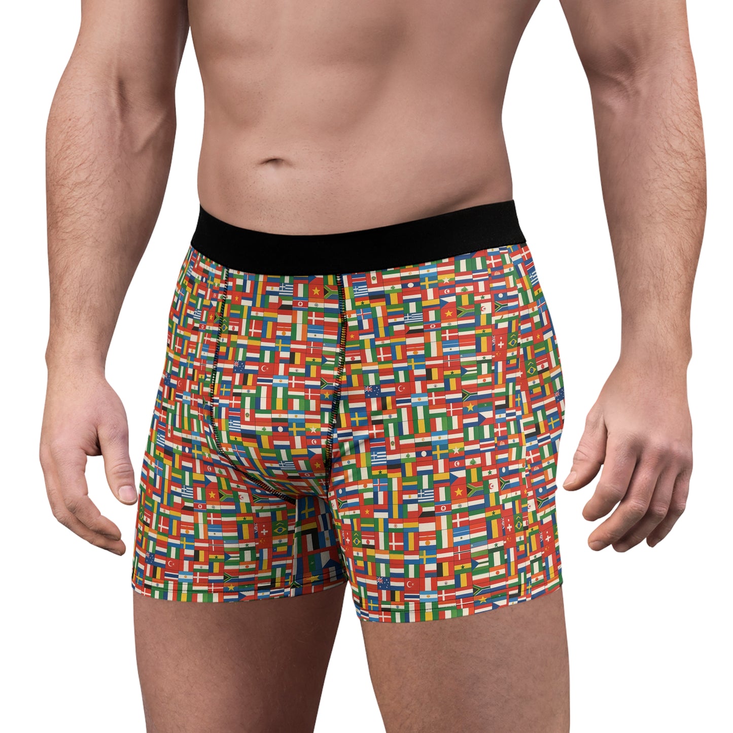 side angle male model wearing multicolor flags boxer briefs close fit detail