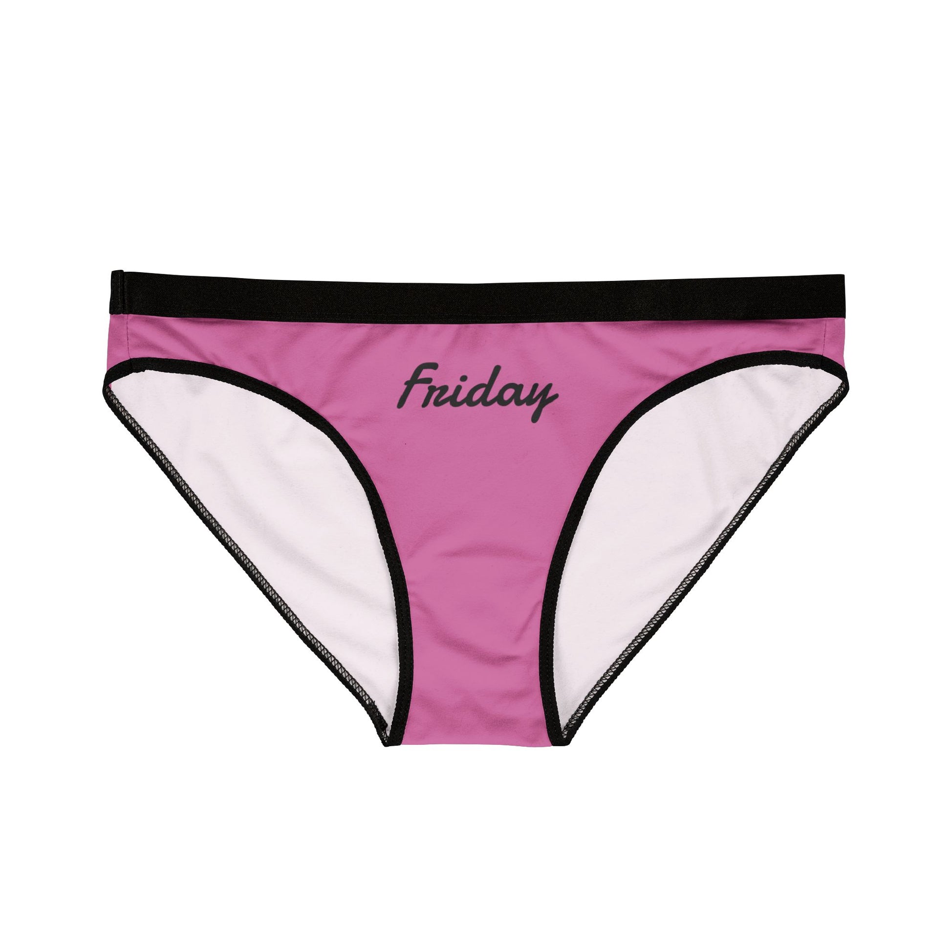 Pink underwear with 'Friday' text on a white background