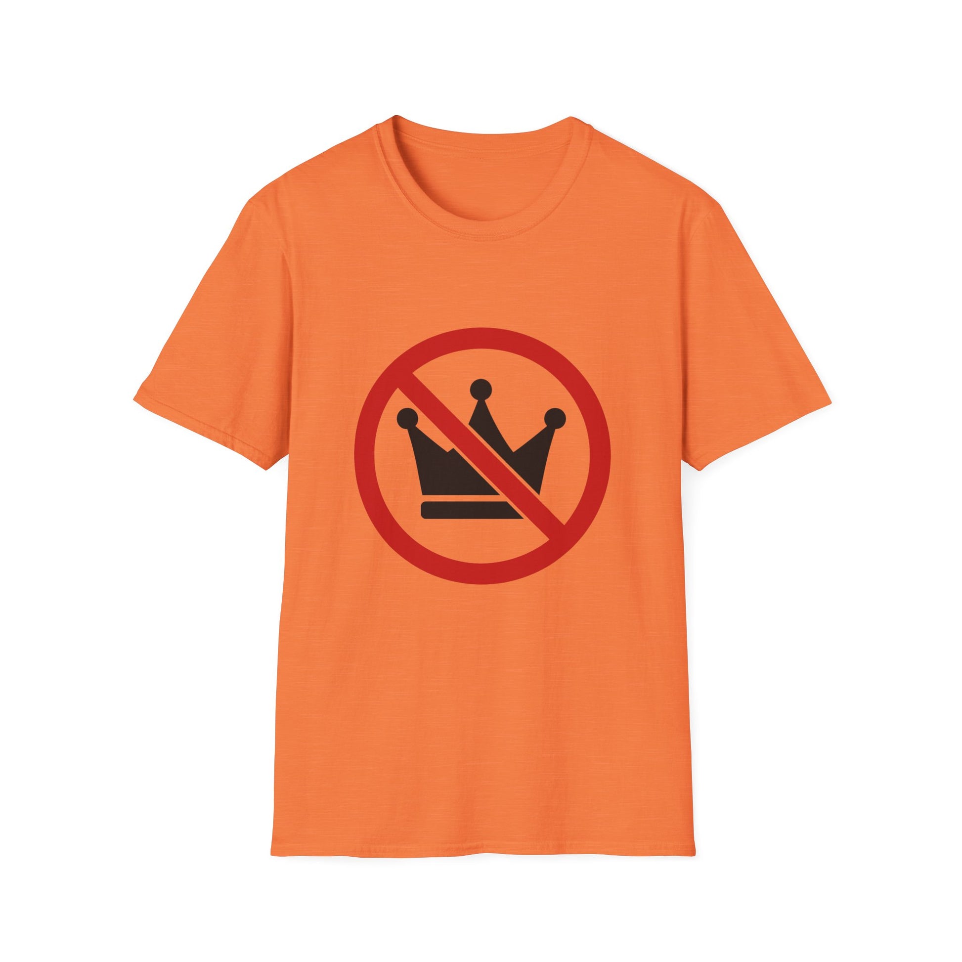 Orange t-shirt with a red circle and line through a black crown symbol on a white background