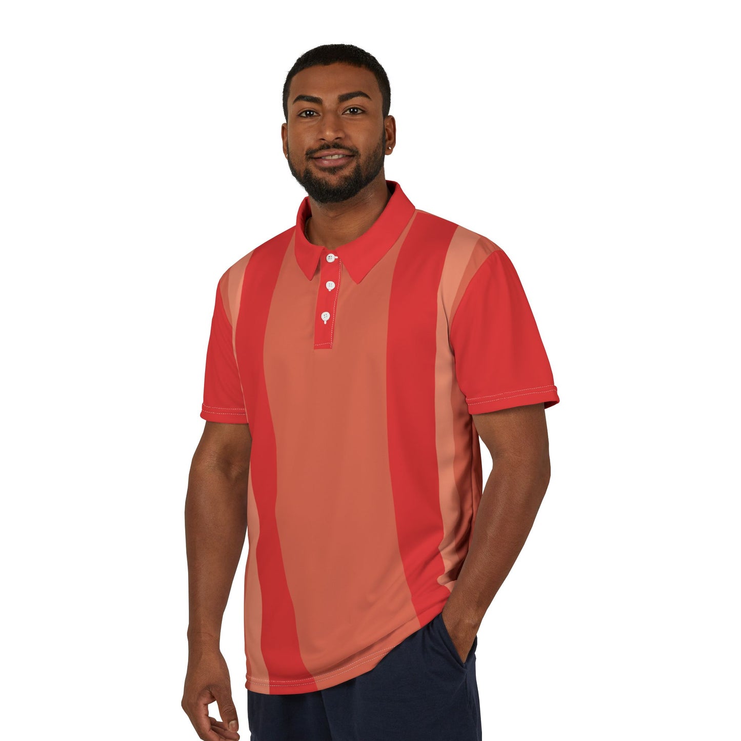 Orange Tones Polo Shirt with warm vertical stripes, a structured collar, and short sleeves, perfect for golf, casual outings, and modern retro fashion.