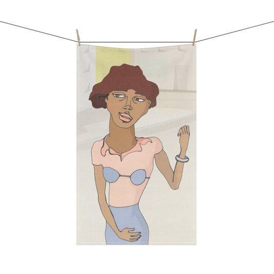 Primary mockup: Morenita Kitchen Towel hanging flat displaying colorful illustrated woman design.