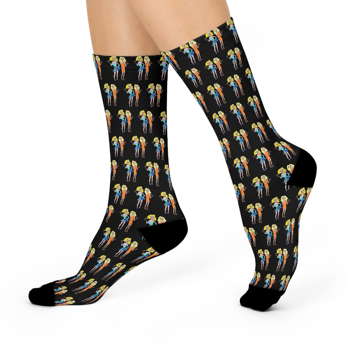 Side view of waitress crew socks on feet, showing hand-drawn pattern.