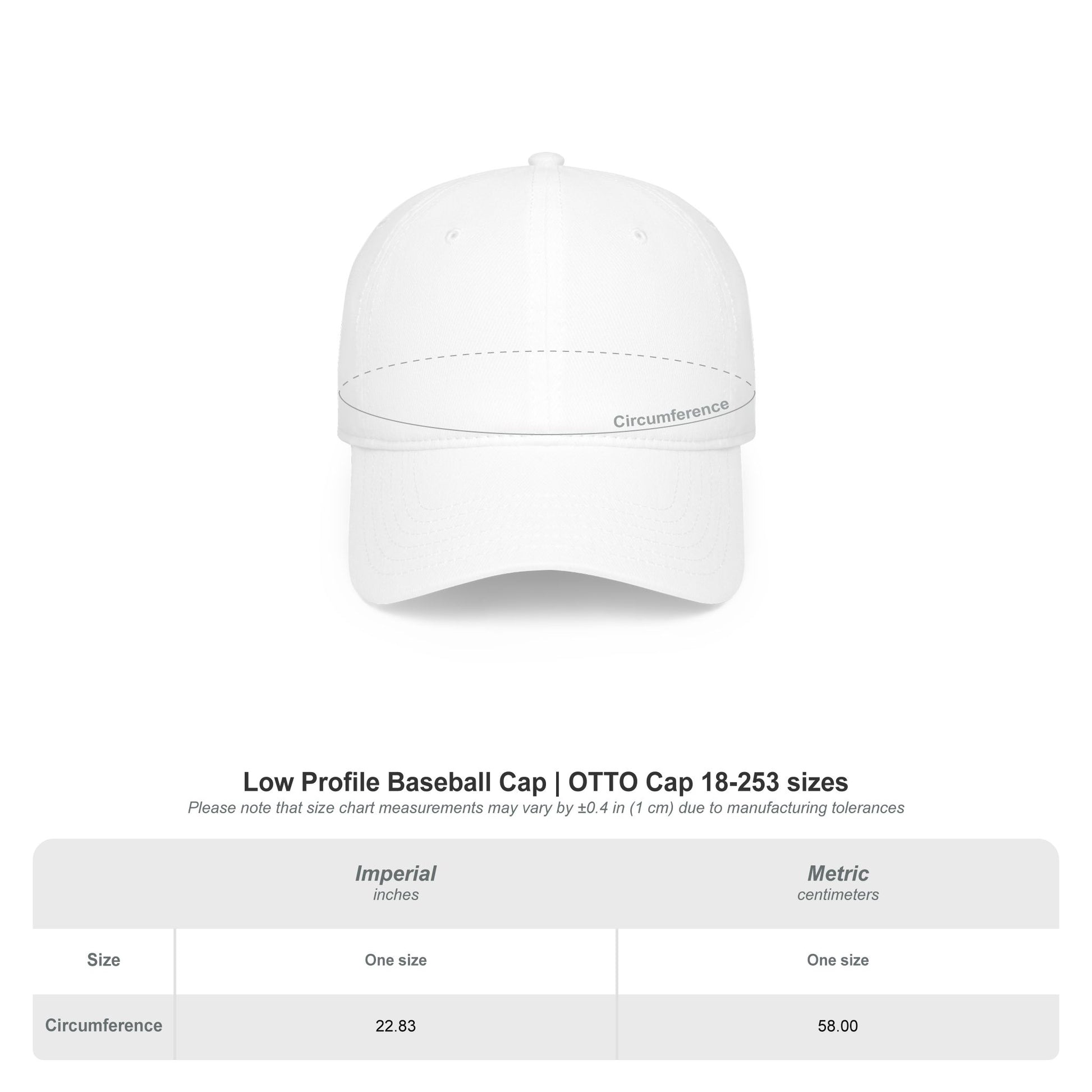Product shot of the Fuckisyoutalkinbout cotton baseball cap with size chart showing detailed measurements.
