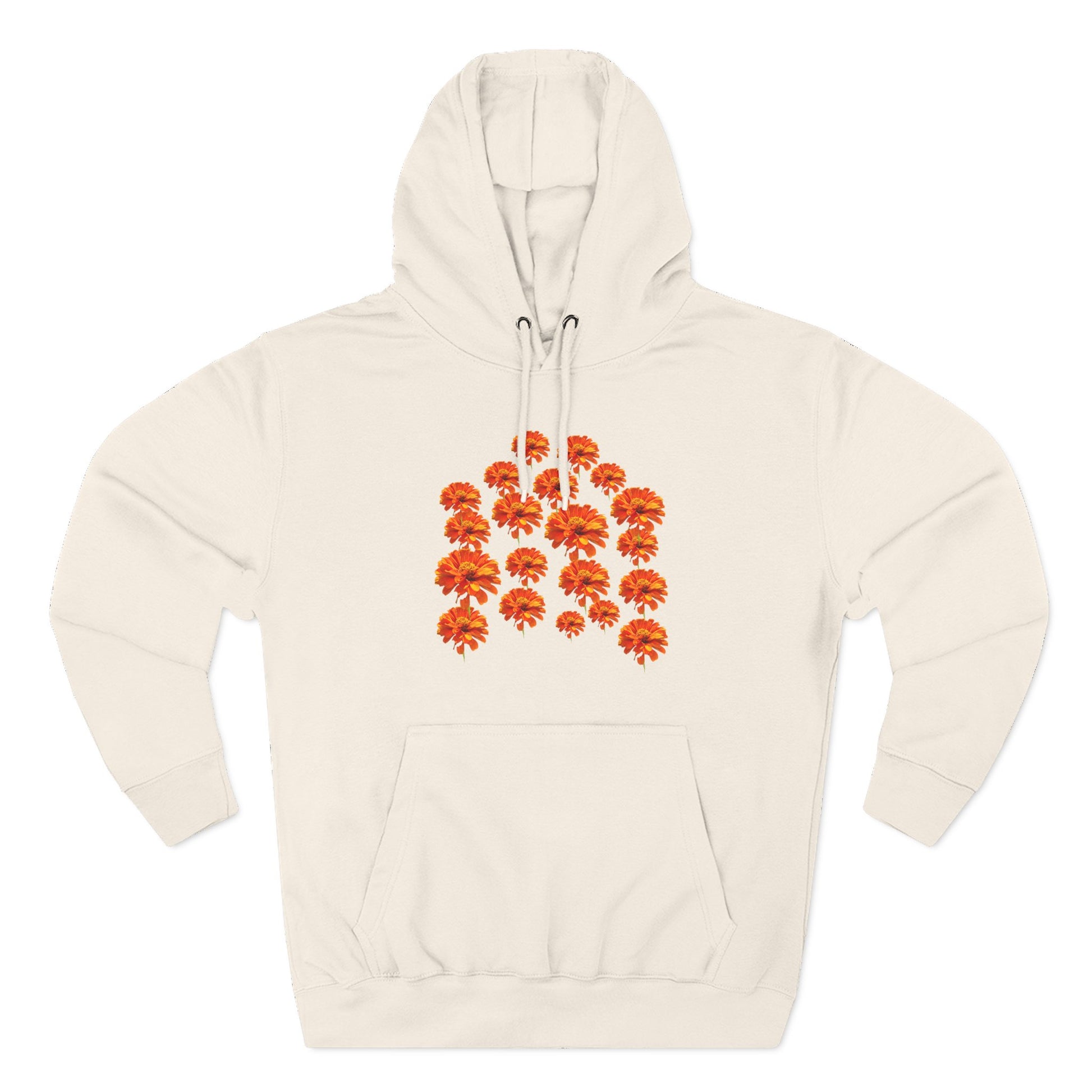 Cream Zinnia Hoodie flat lay with orange flower design