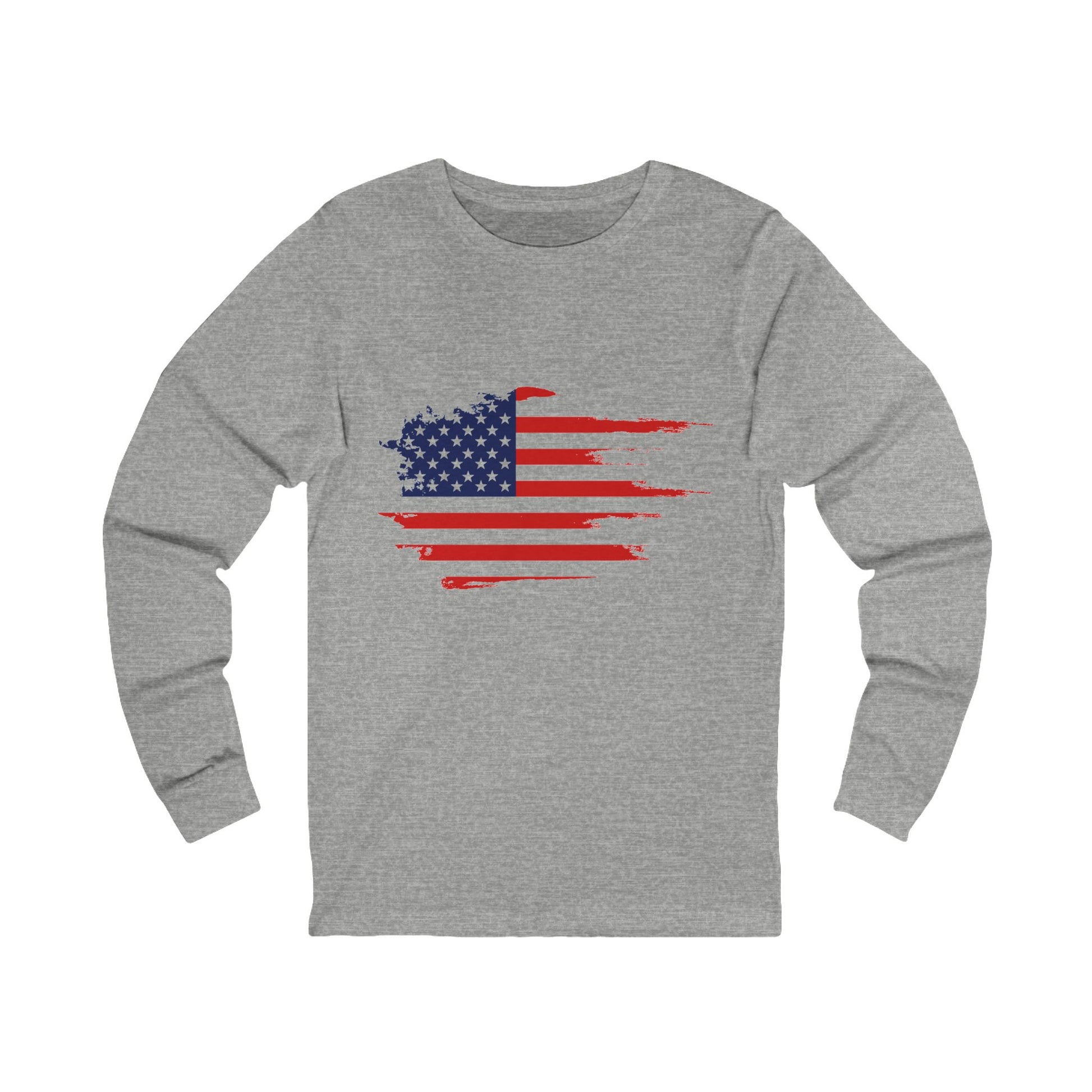 Gray Americana Long Sleeve T-Shirt featuring bold distressed American flag.