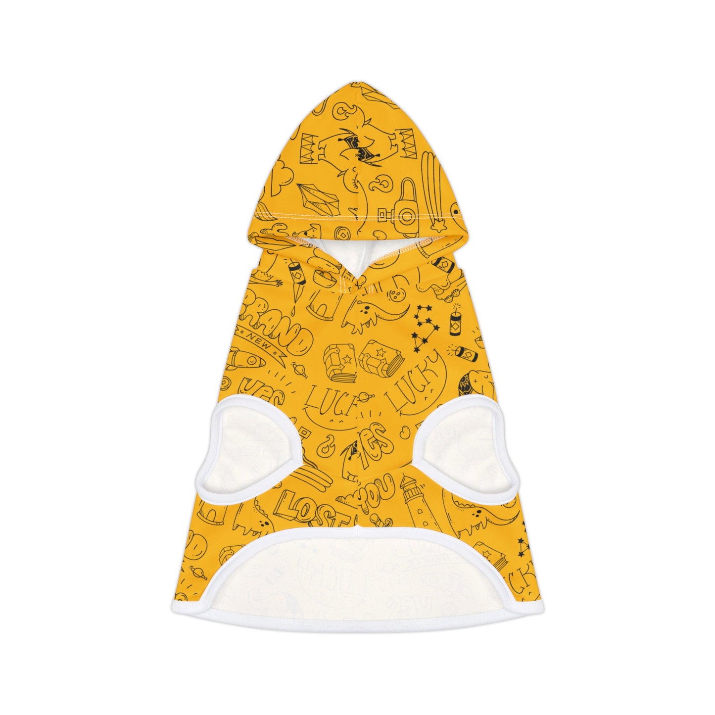 Yellow doodle print dog hoodie back view with hood
