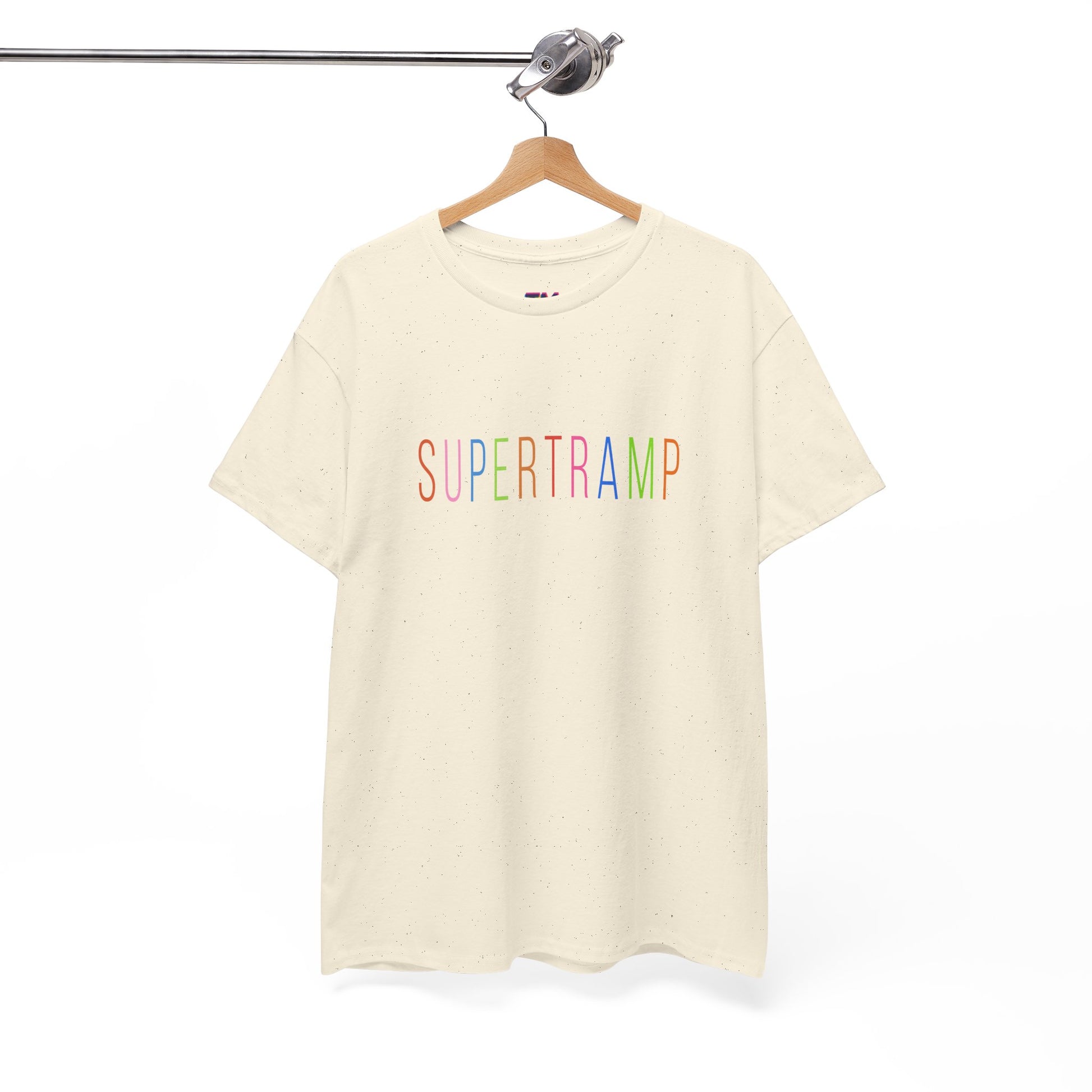 Cream Supertramp t-shirt on hanger with colorful text design.