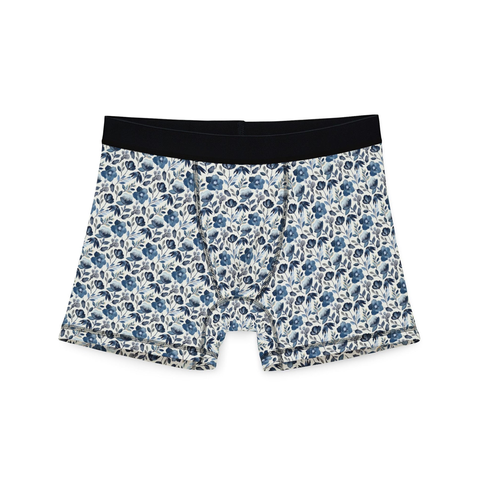 Flat lay front view of Floral Men’s Boxers with black waistband and vibrant floral design