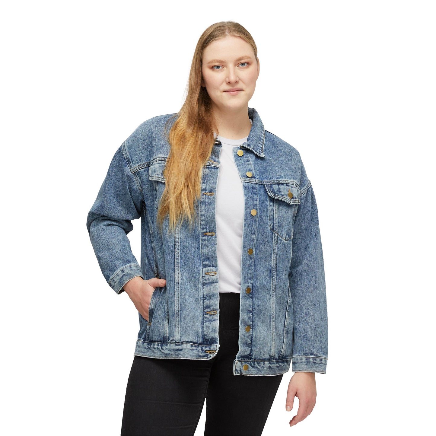 Woman wearing Americana Women’s Denim Jacket front view hands in pockets