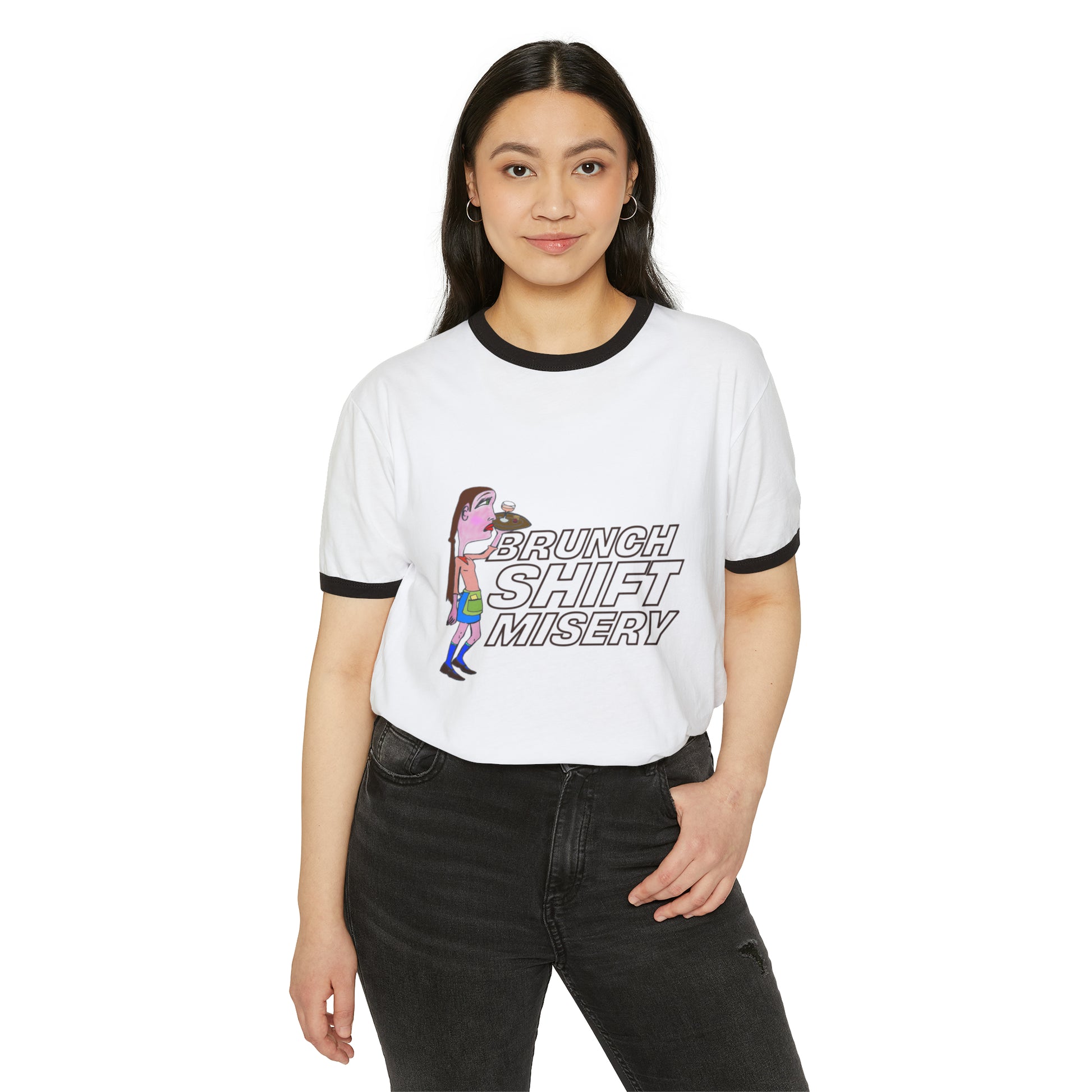 Front female model wearing Brunch Shift Misery Ringer T-Shirt, smiling confidently