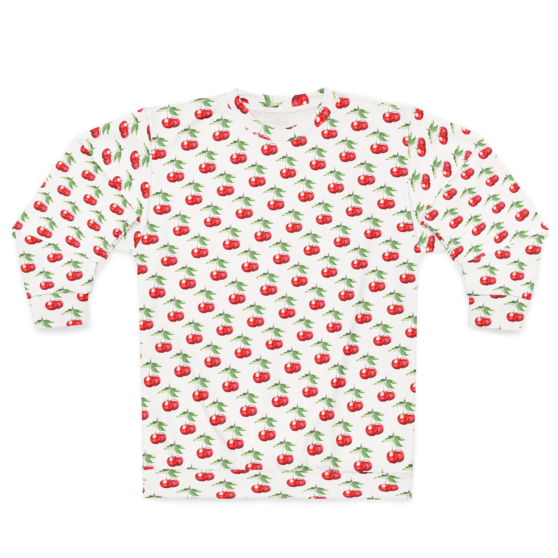 Flat lay of the Sweet Cherry Sweatshirt showing a full cherry pattern on a white background with long sleeves and relaxed fit.