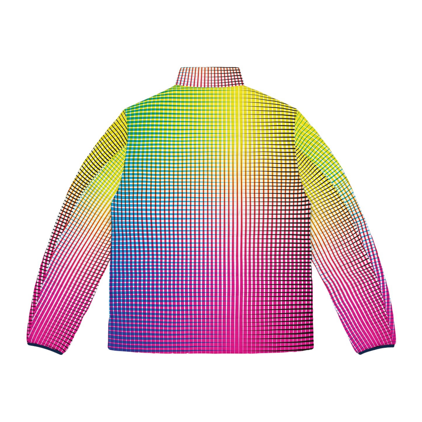 Electric Rainbow Men’s Puffer Jacket Lightweight Winter Coat back view rainbow design