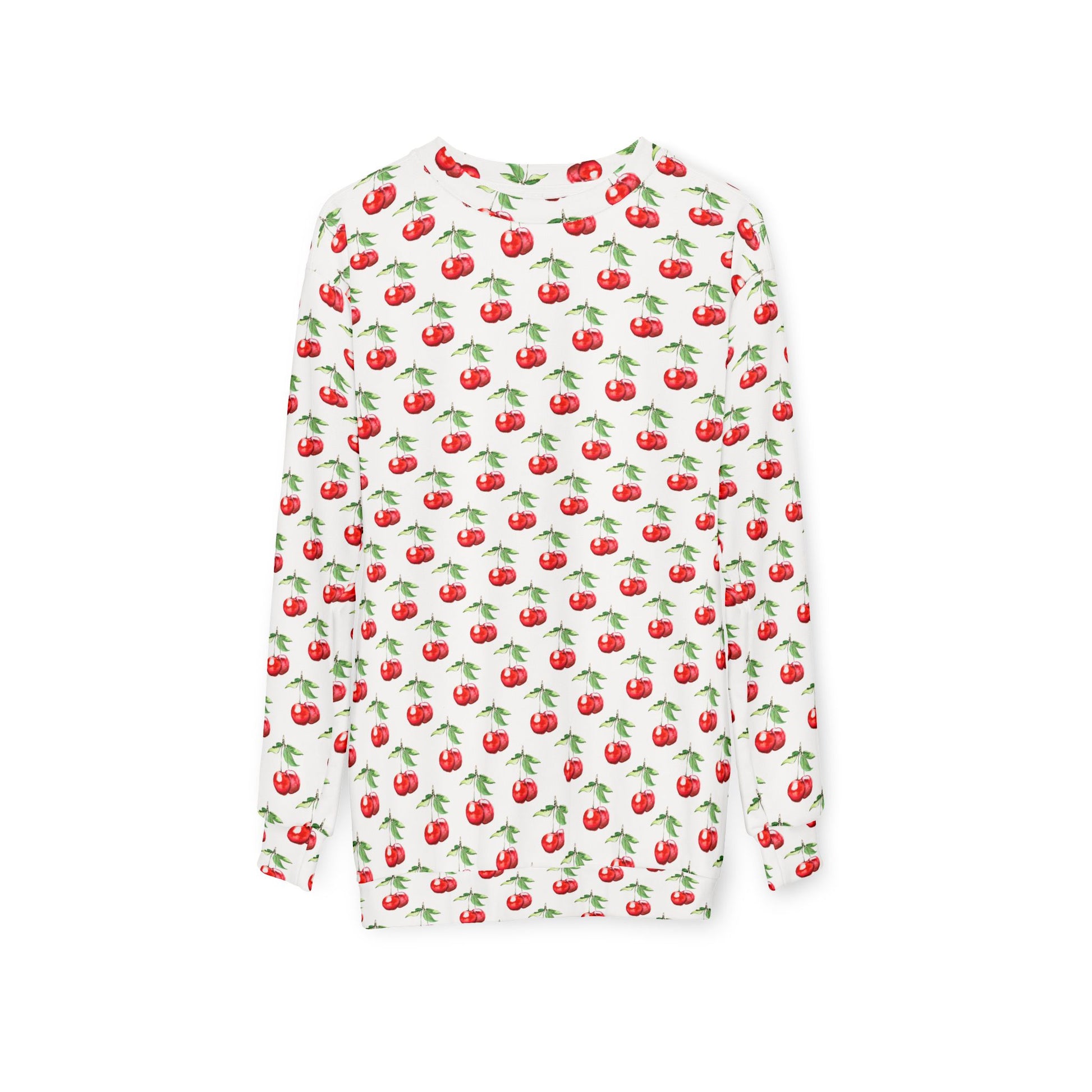 Back view of the cherry-print sweatshirt showing consistent pattern and classic crewneck shape.
