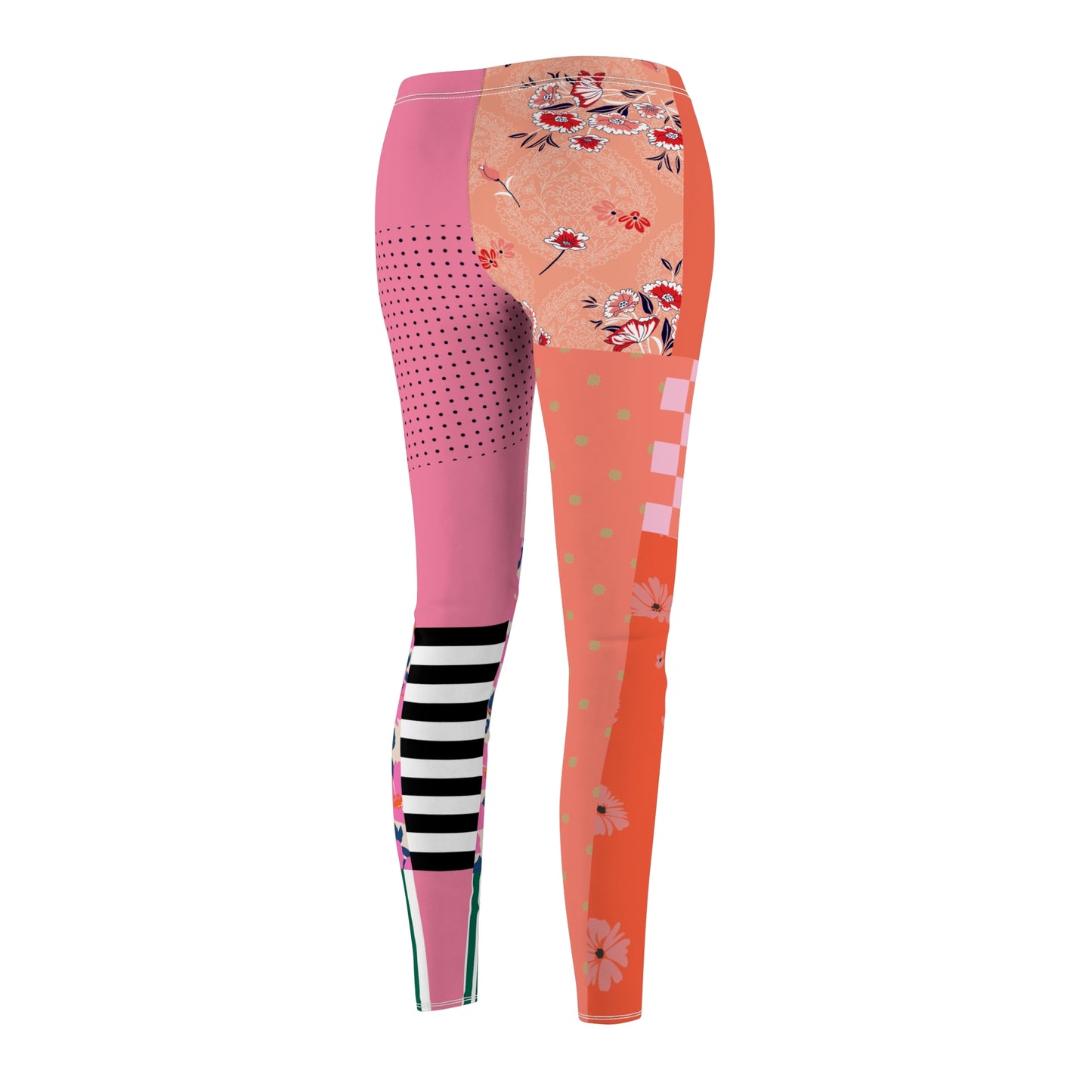 Back view of patterned leggings with checkerboard and floral sections and striped lower leg.