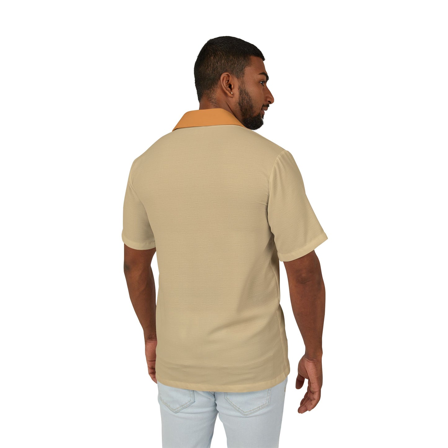 man wearing peach golf men’s shirt back view resort style shirt