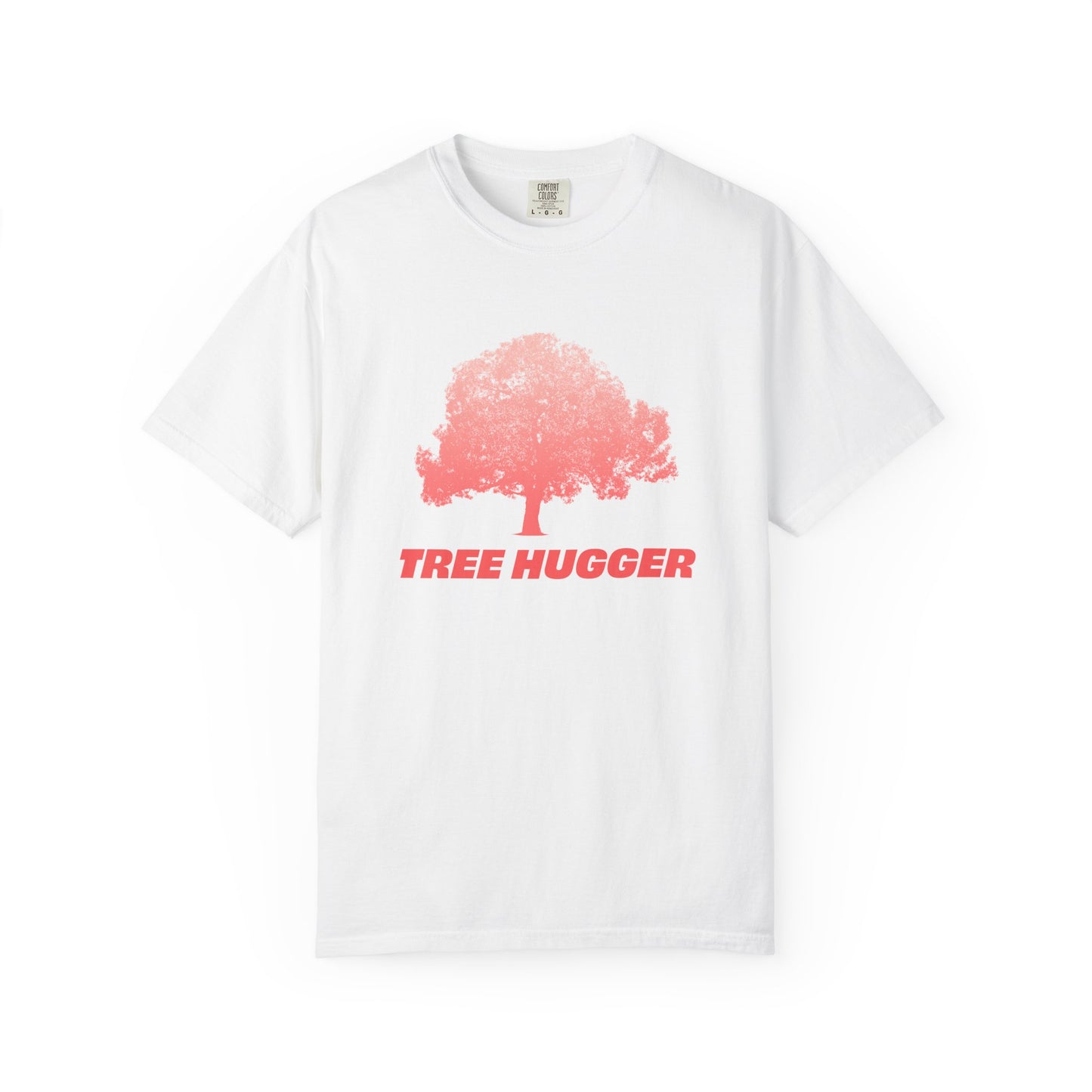 White Tree Hugger T-shirt flat lay with red tree graphic