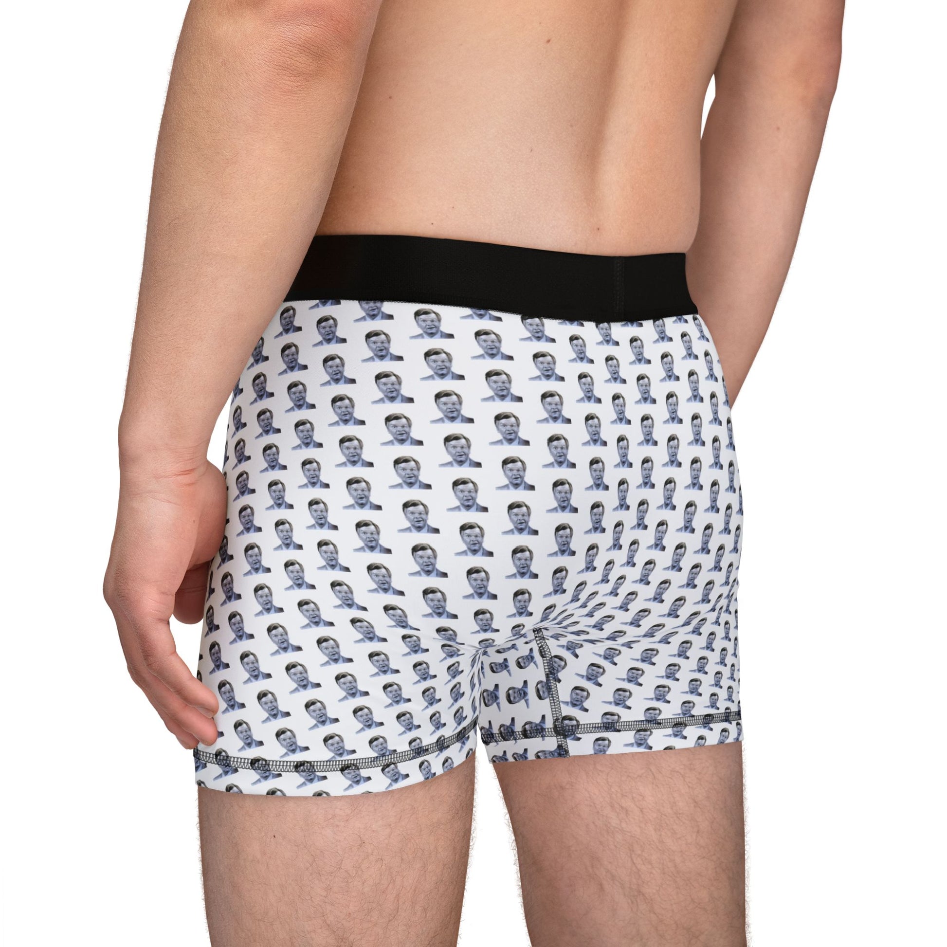 Male model back view wearing Benny Hill Men’s Boxers showcasing full Benny Hill design