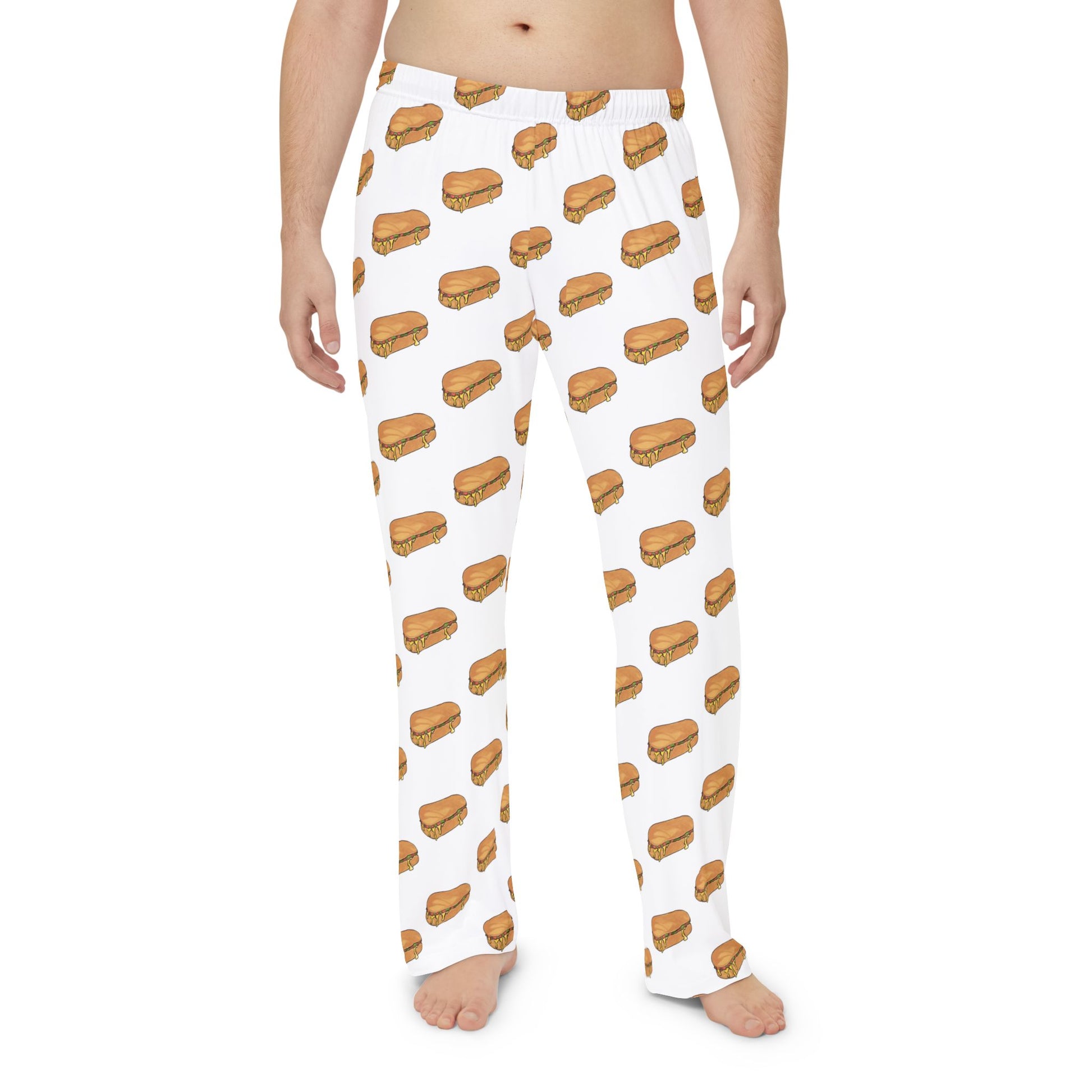 Front view of men’s white pajama pants with repeating chopped cheese sandwich print.