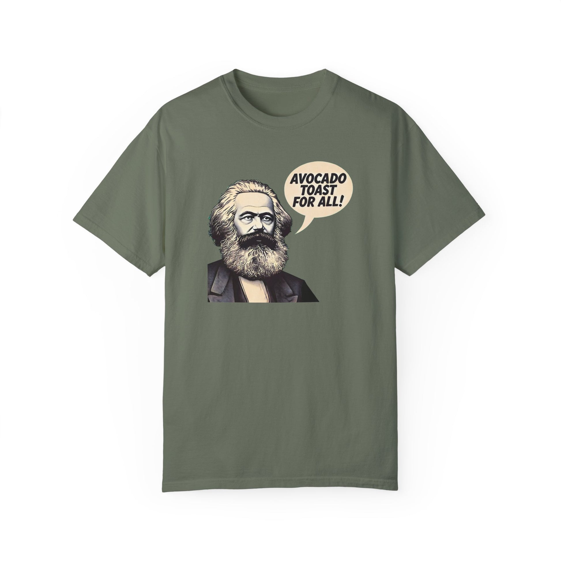 Funny Karl Marx Avocado Toast Warrior T-Shirt featuring political satire with a vintage aesthetic, perfect for foodies and history lovers.