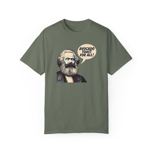 Funny Karl Marx Avocado Toast Warrior T-Shirt featuring political satire with a vintage aesthetic, perfect for foodies and history lovers.