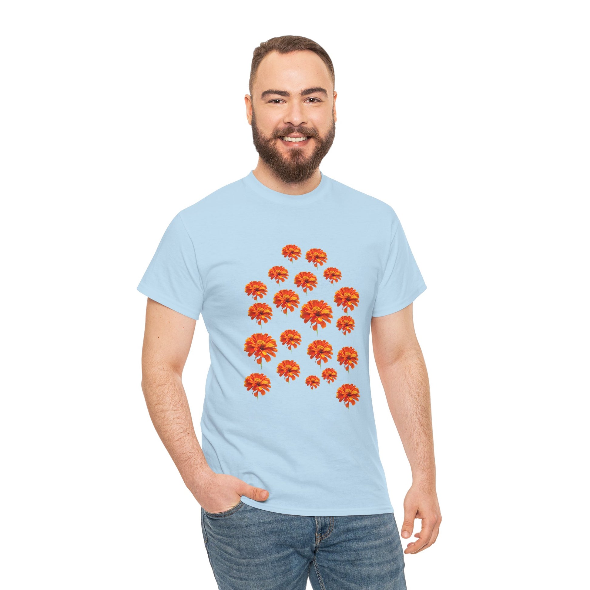 Man wearing light blue Zinnia T-Shirt with orange flower design front view