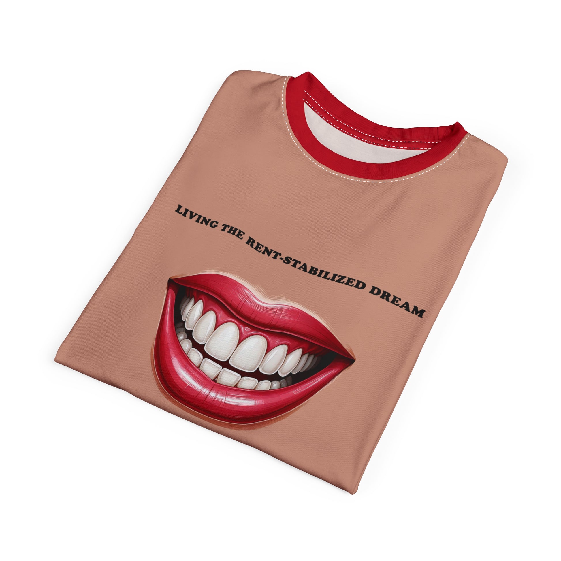 Folded Rent-Stabilized Dream T-Shirt showing lips graphic and beige fabric
