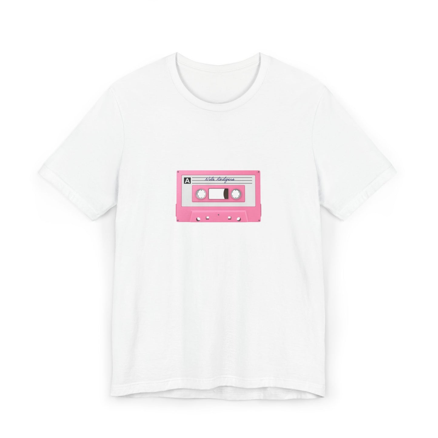 White t-shirt with centered pink cassette tape design, flat lay.