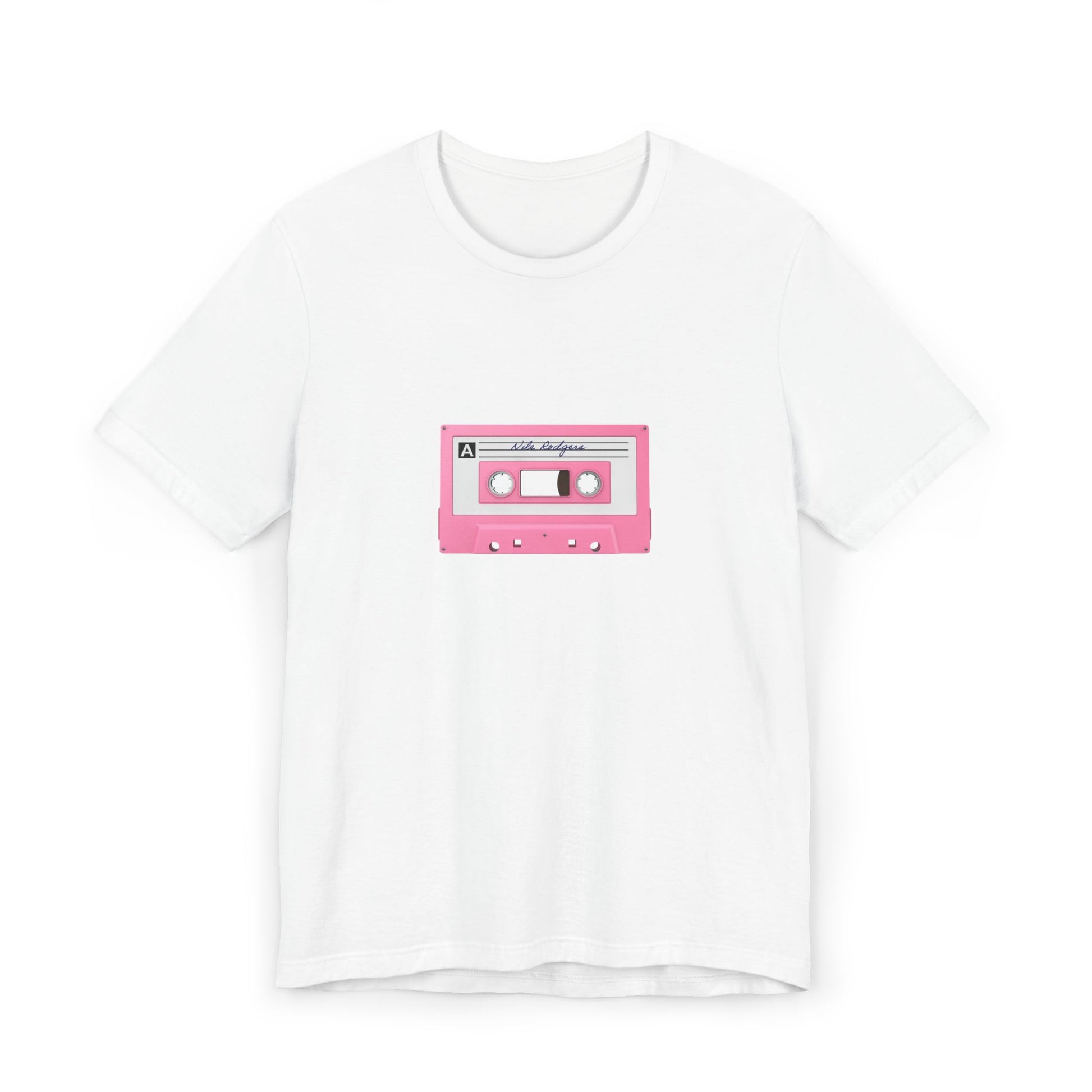 White t-shirt with centered pink cassette tape design, flat lay.