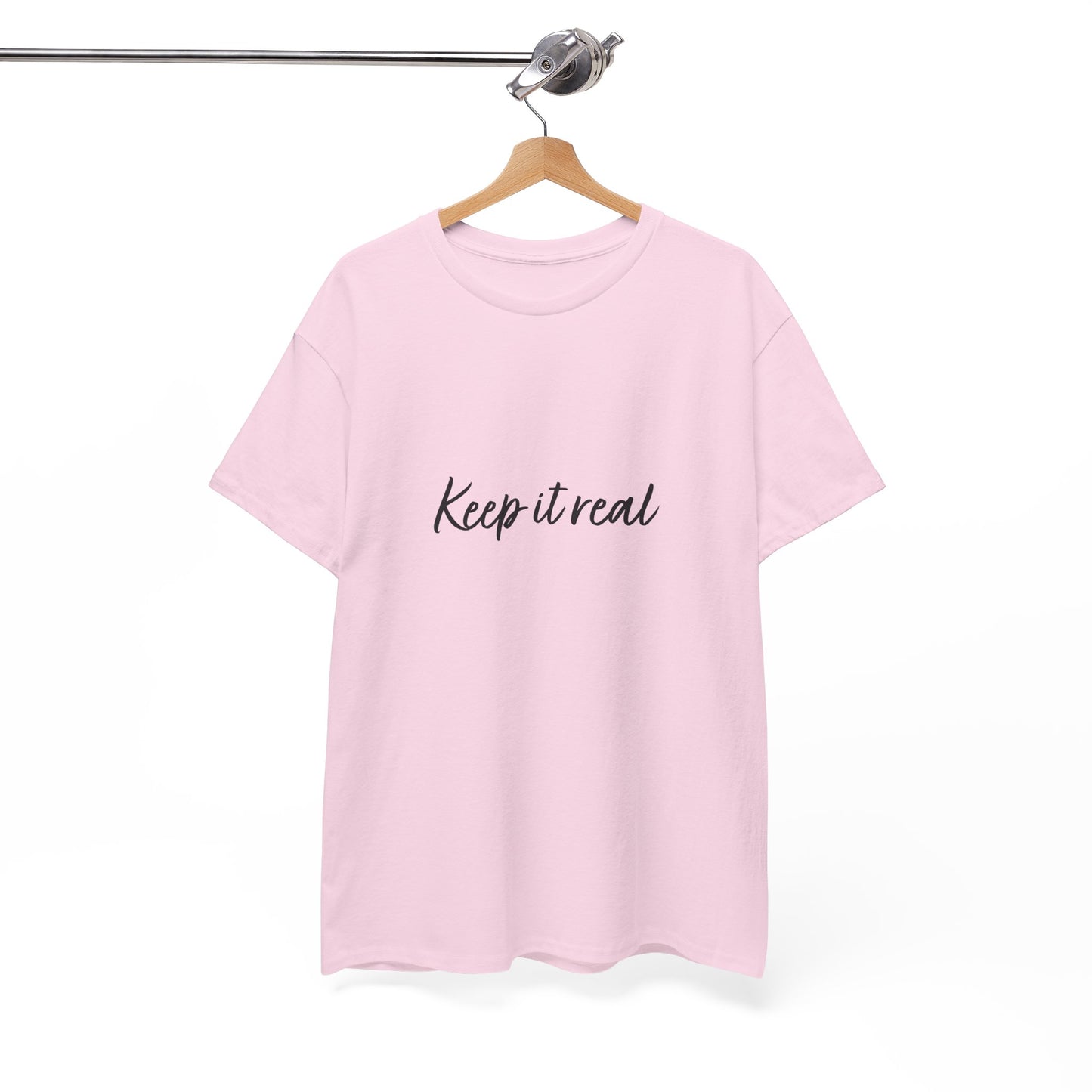 Pink Keep it real T-Shirt on hanger with hook