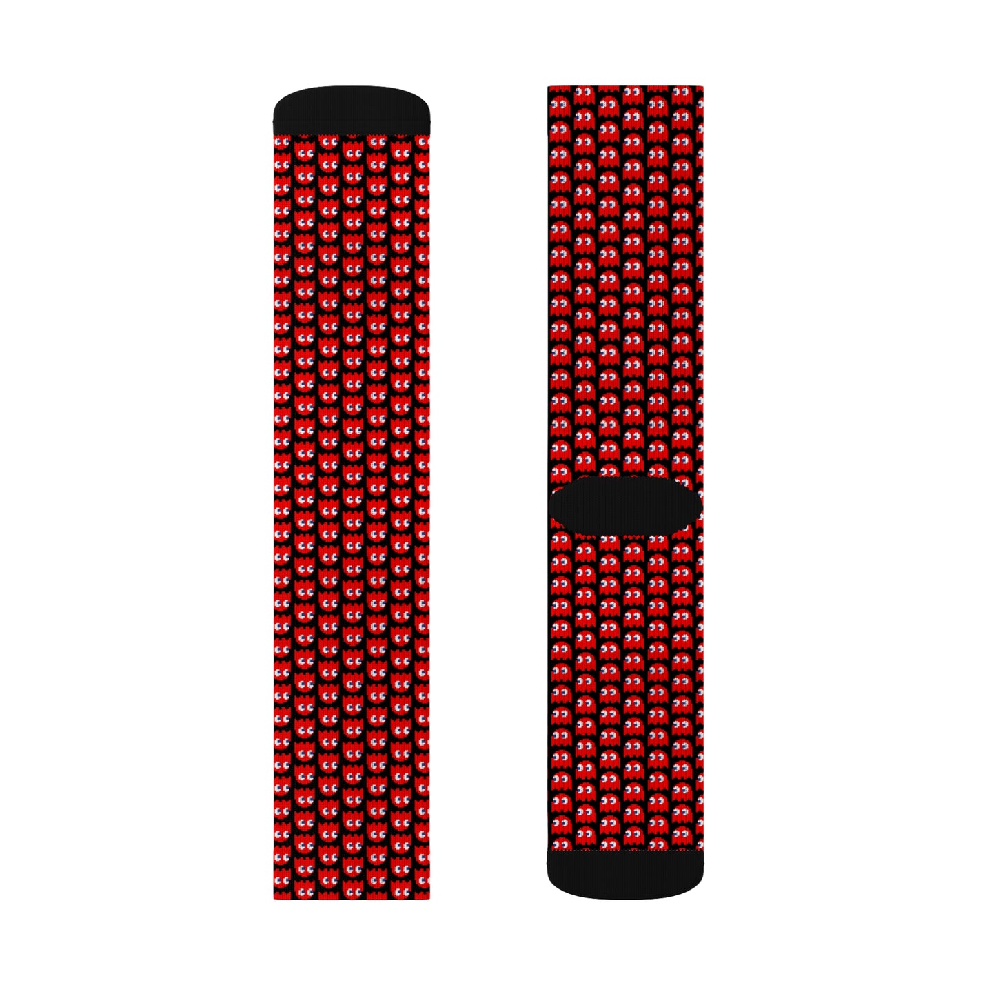 Blinky Ghost Crew Socks – Retro Arcade Gamer Socks flat lay showing front and back views