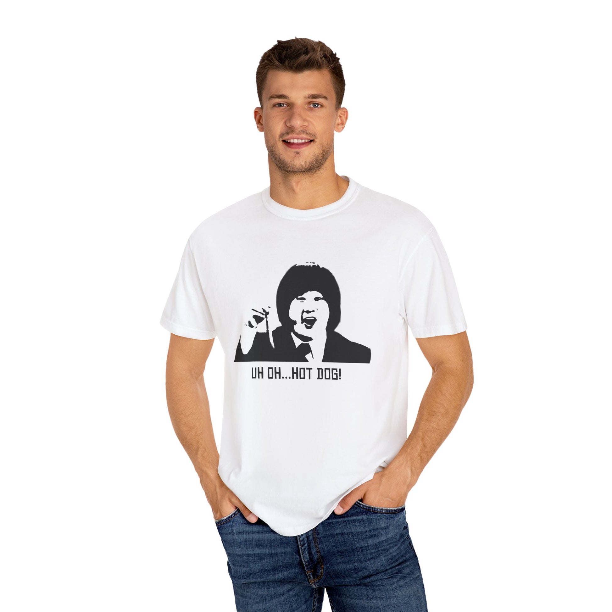 Man modeling white Uh Oh Hot Dog T-shirt with Bobby Lee design.