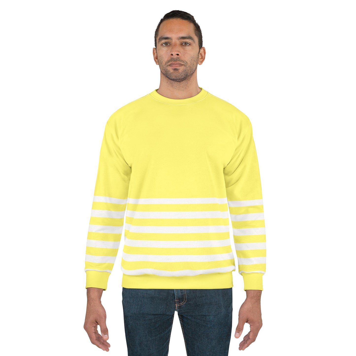 Male model wearing yellow striped sweatshirt with horizontal stripes