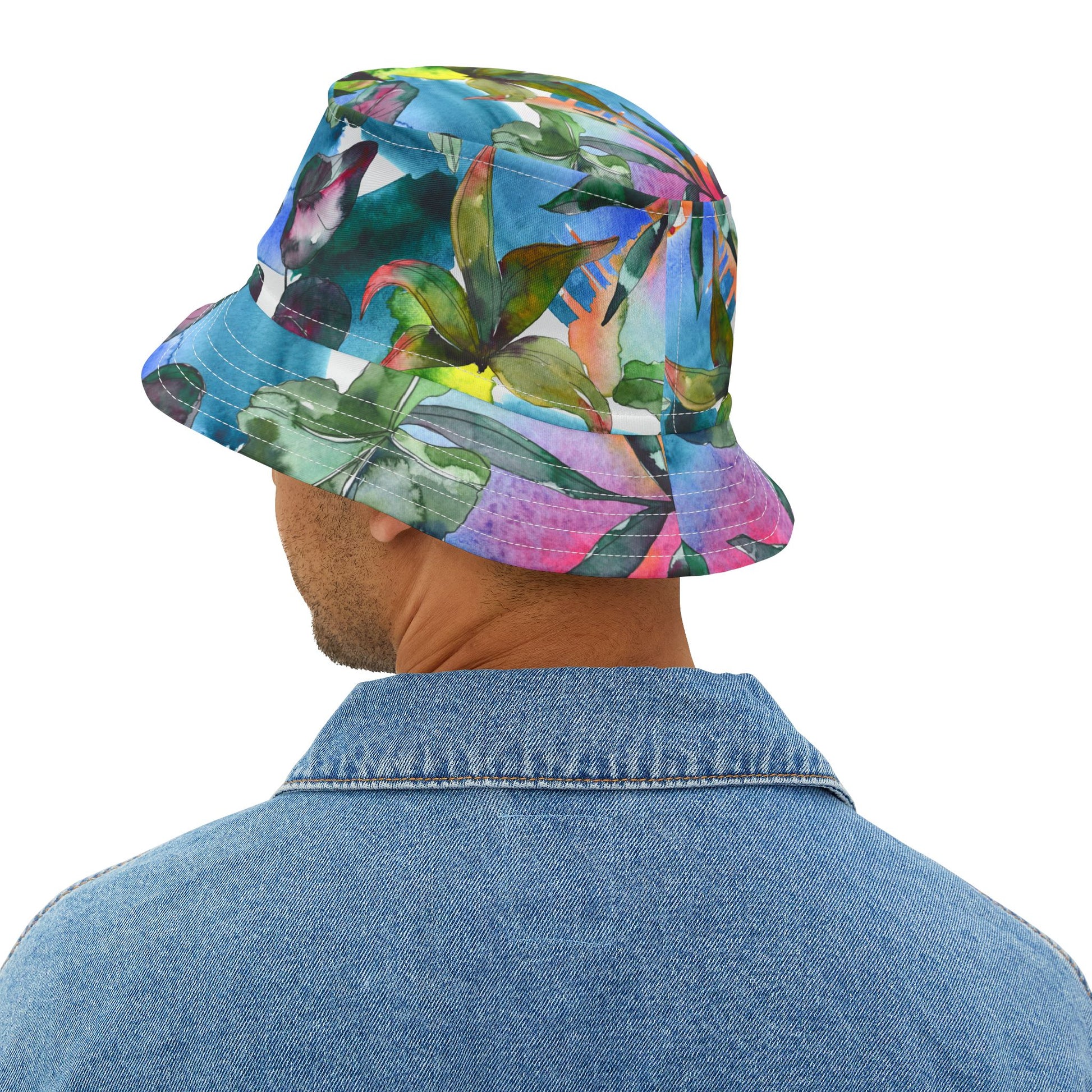 Back view of Acquarela Bucket Hat showcasing vivid watercolor-inspired pattern.