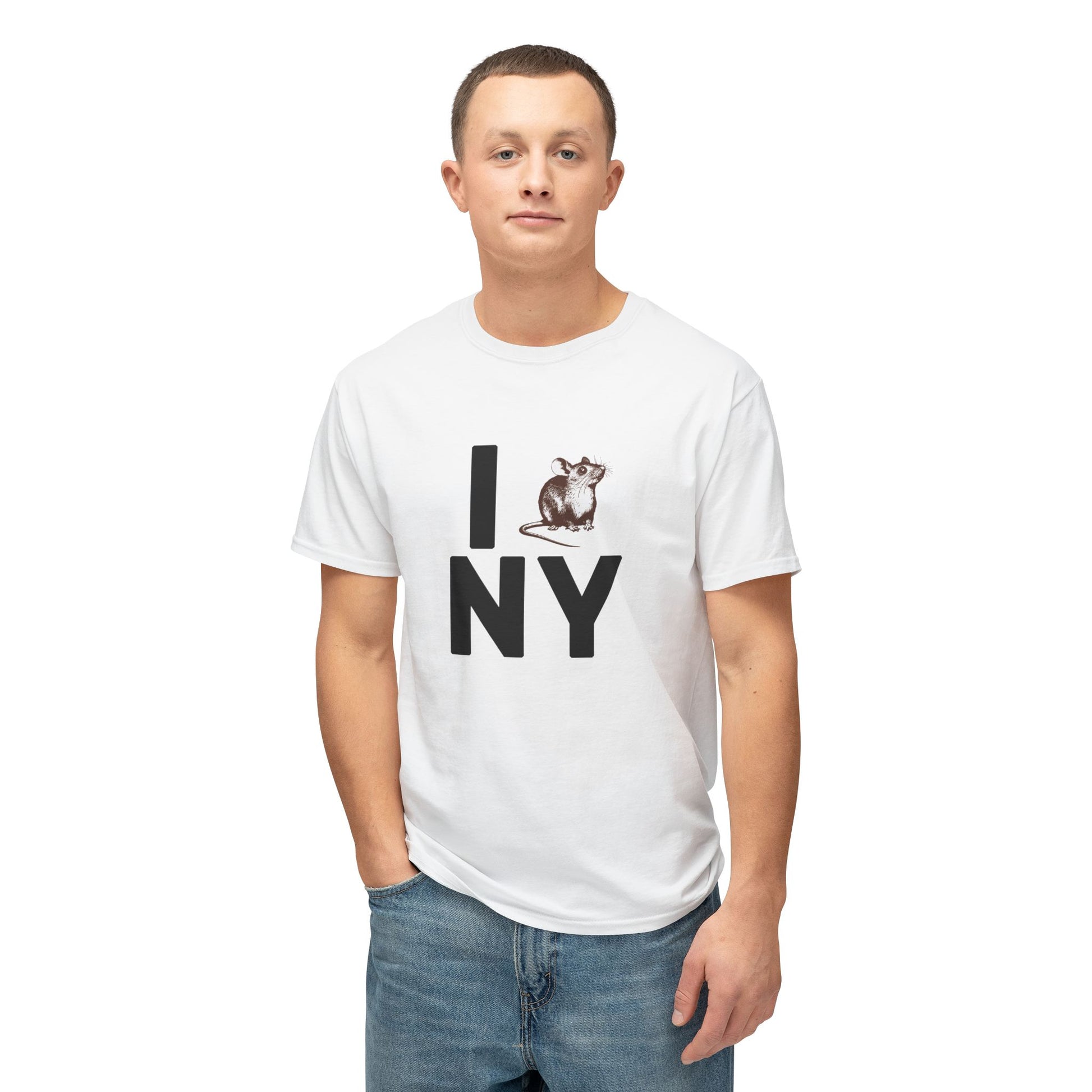 Male model wearing white NY RAT T-Shirt with iconic parody rat design.