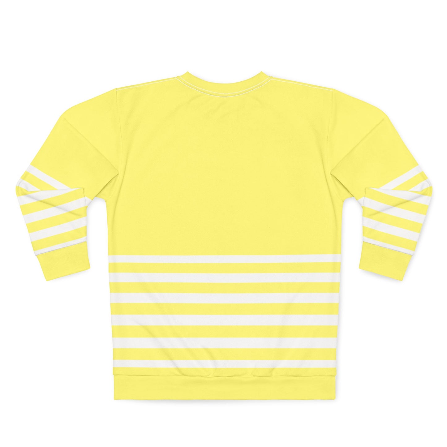 Flat lay of yellow striped sweatshirt front view on plain background