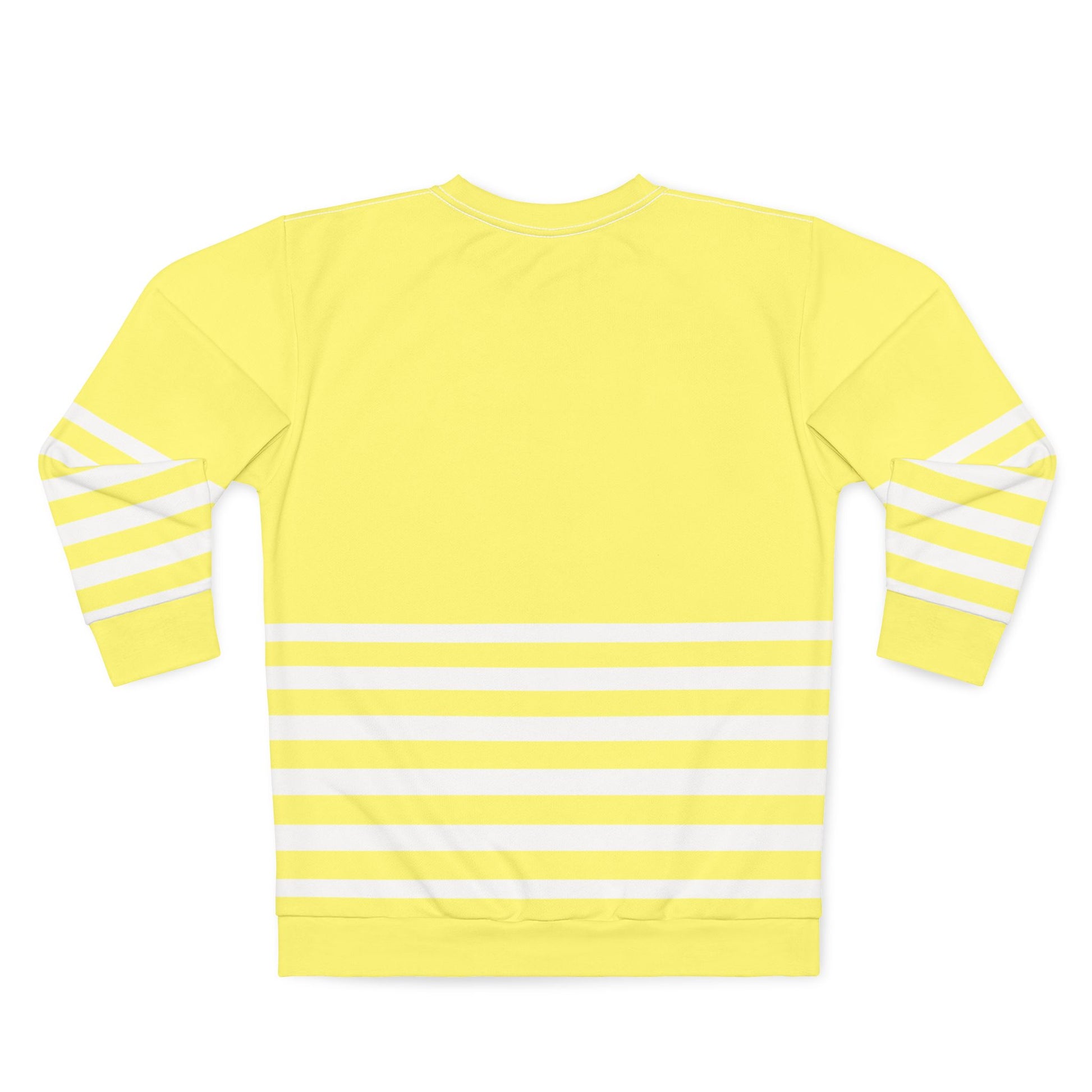 Flat lay of yellow striped sweatshirt front view on plain background