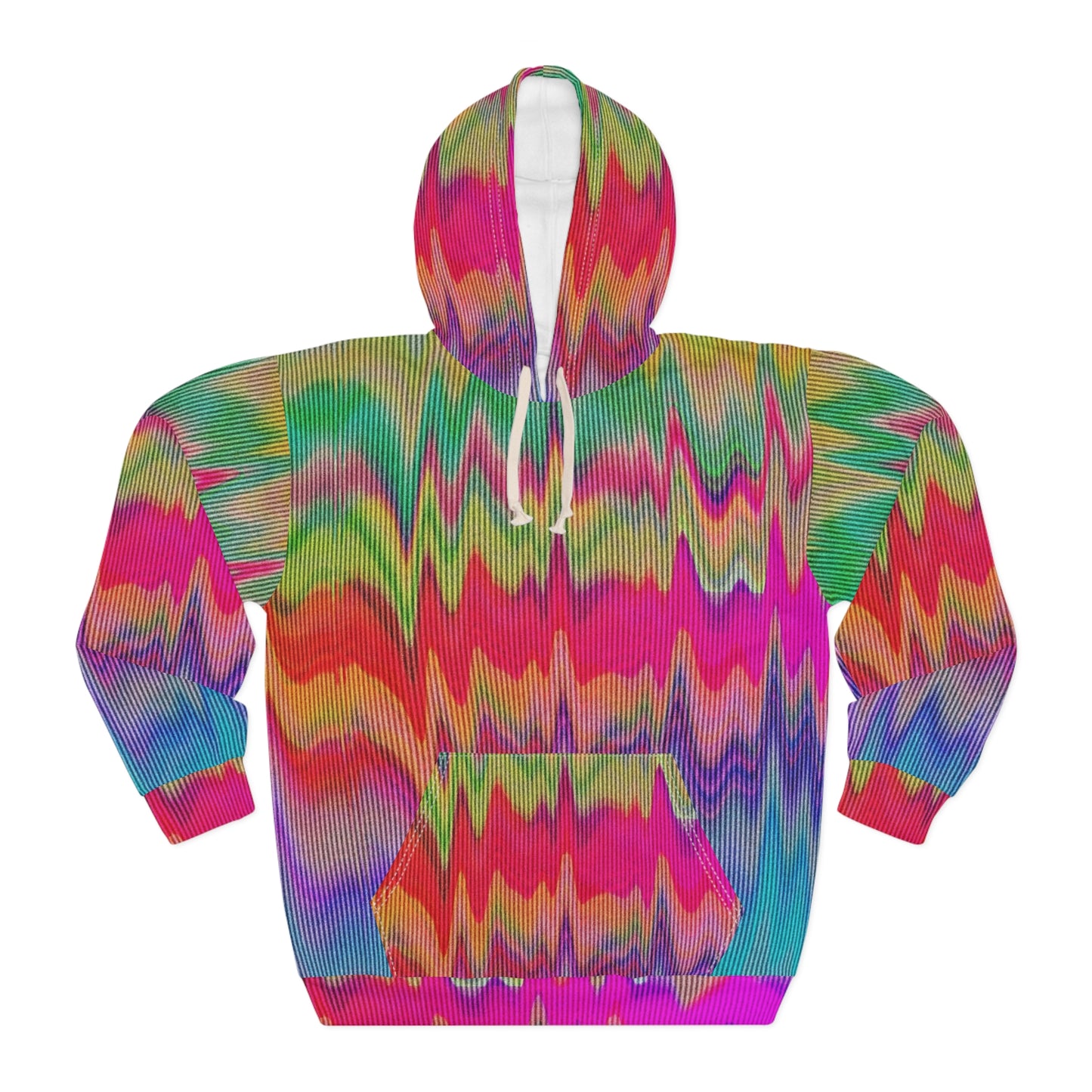 A vibrant unisex hoodie featuring an all-over psychedelic glitch pattern in neon pink, green, yellow, and blue with a front pocket and white drawstrings, laid flat on a white background.