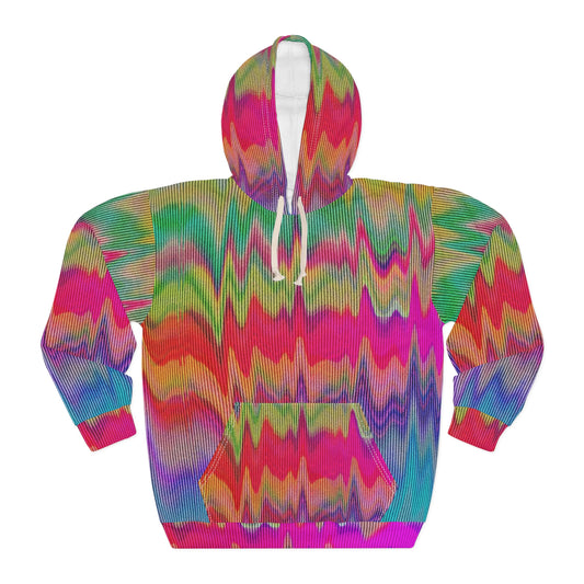A vibrant unisex hoodie featuring an all-over psychedelic glitch pattern in neon pink, green, yellow, and blue with a front pocket and white drawstrings, laid flat on a white background.