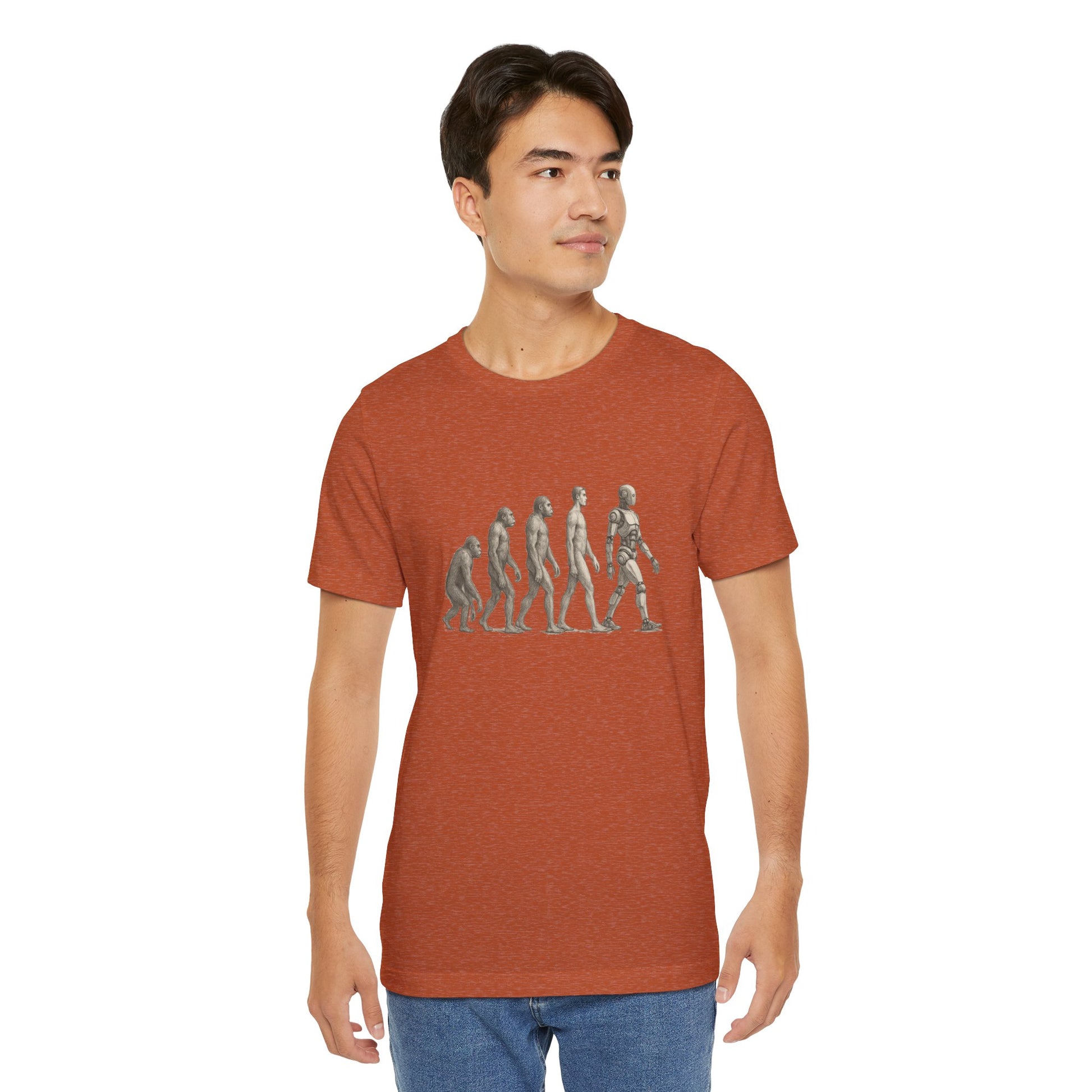Man wearing a red t-shirt with a graphic design on a white background