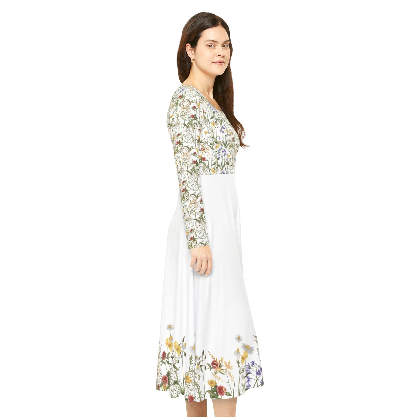 Woman wearing long sleeve floral midi dress with wildflower print