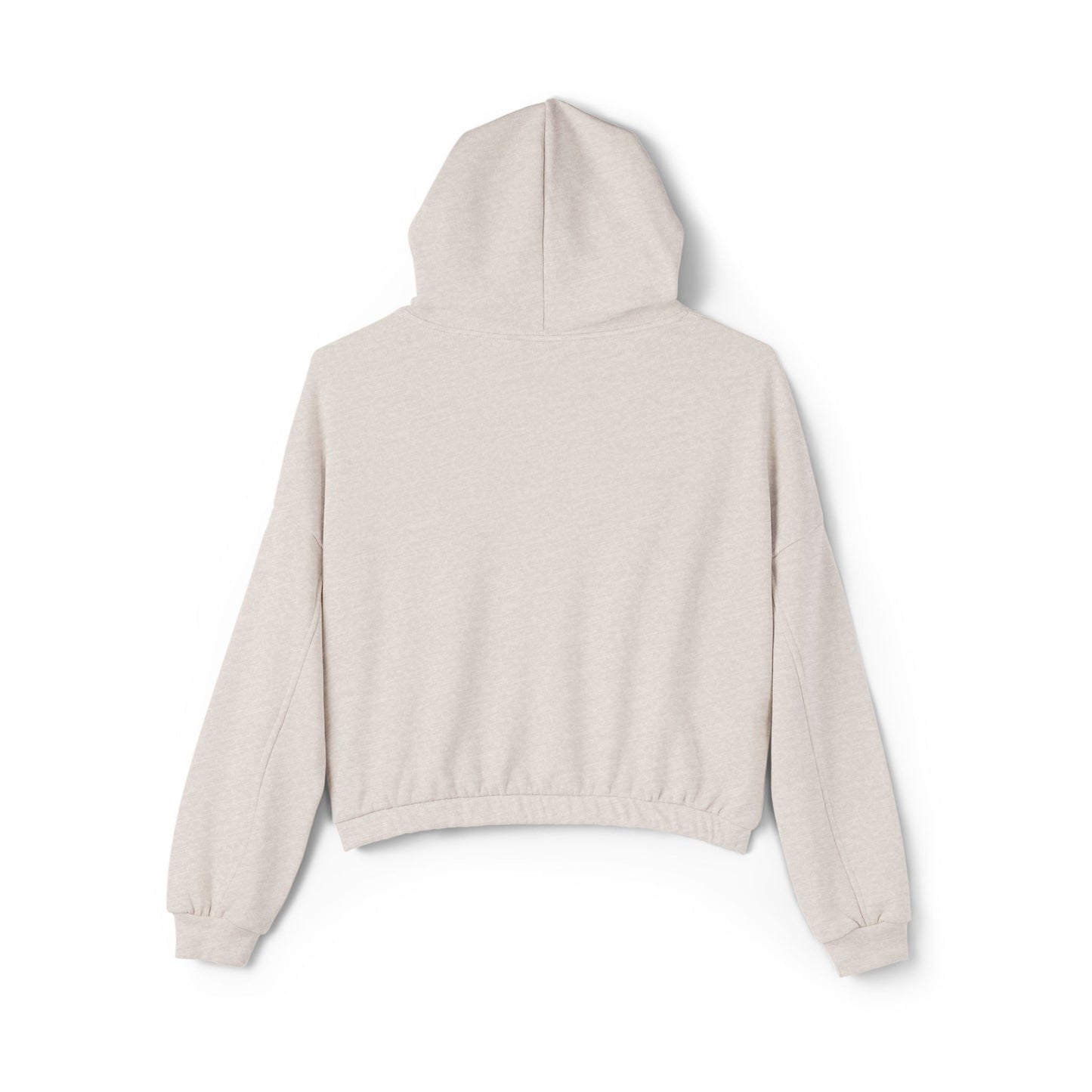 Back view of oatmeal hoodie, flat lay with hood up.