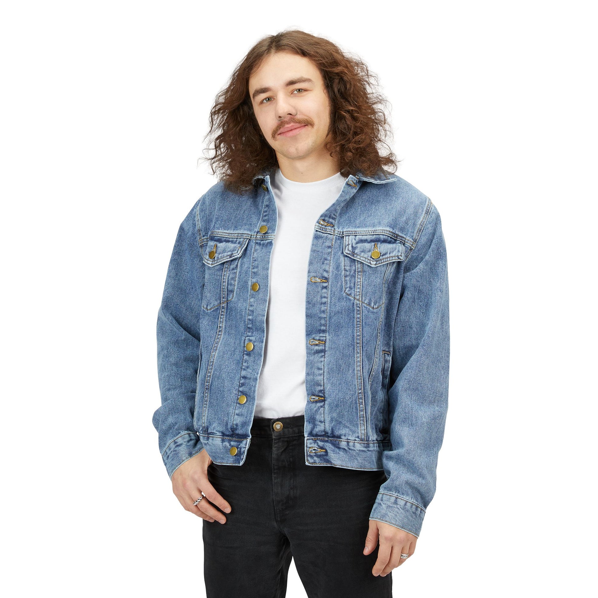 Man wearing Americana Men’s Denim Jacket front view with open buttons