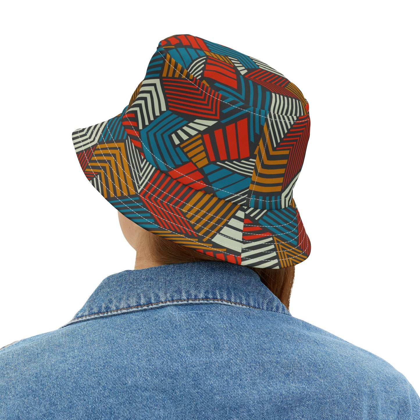 Back view of Urban Safari Bucket Hat worn by woman in denim jacket.
