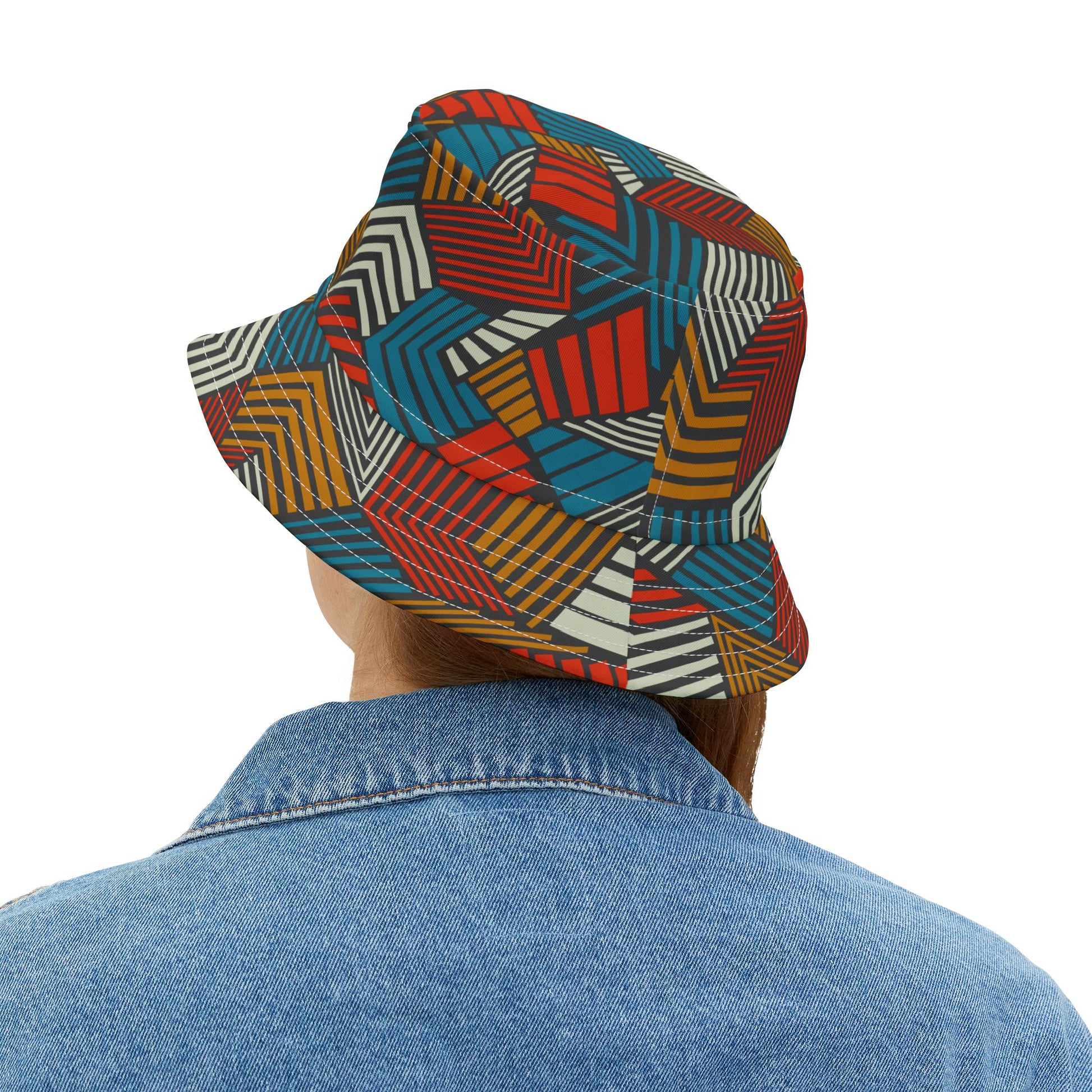 Back view of Urban Safari Bucket Hat worn by woman in denim jacket.