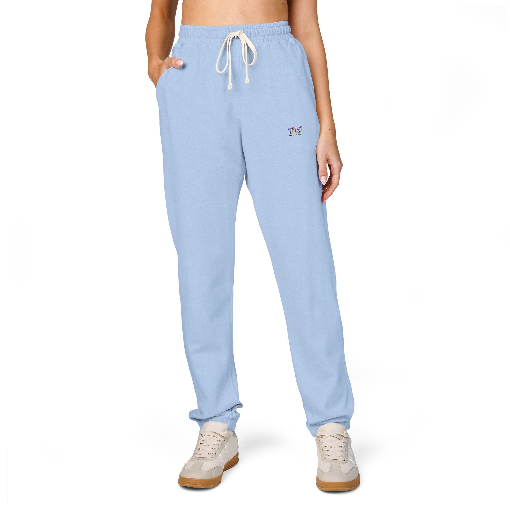 Light blue Tantrum Media Cozy Fleece Sweatpants on model full length