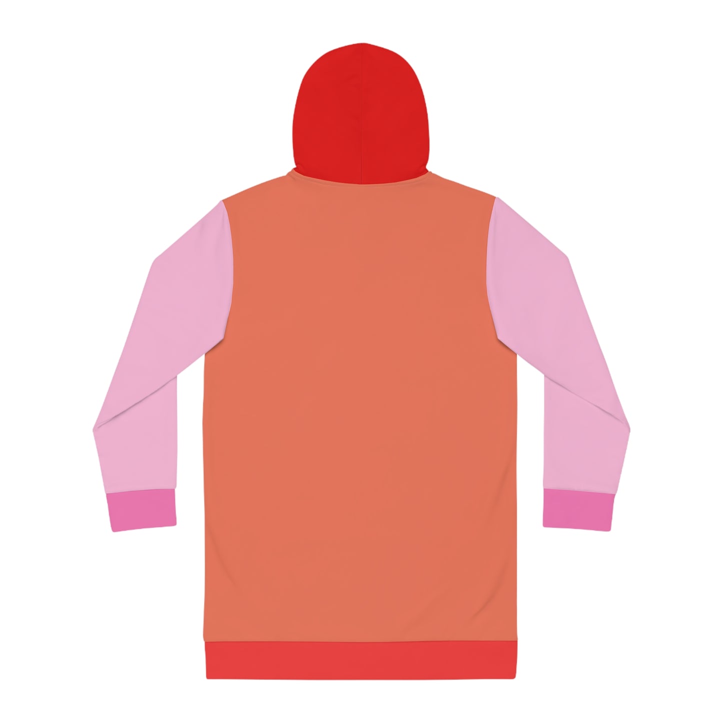 Back view of Pink and Orange Hoodie Dress with red hood and orange body